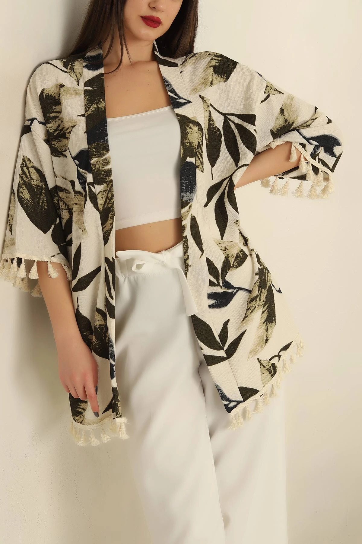 Haki Püsküllü Okyanus kumaş Kimono 251976