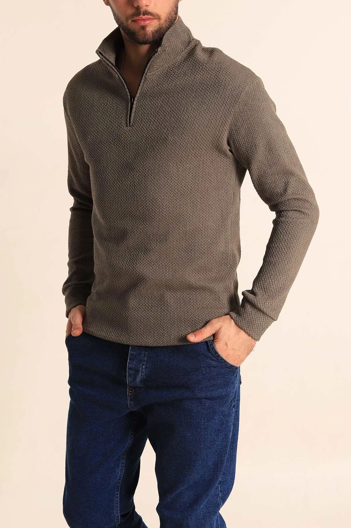 Haki Rahat Kalıp Örgü Dokulu Yarım Fermuar Sweatshirt 228822