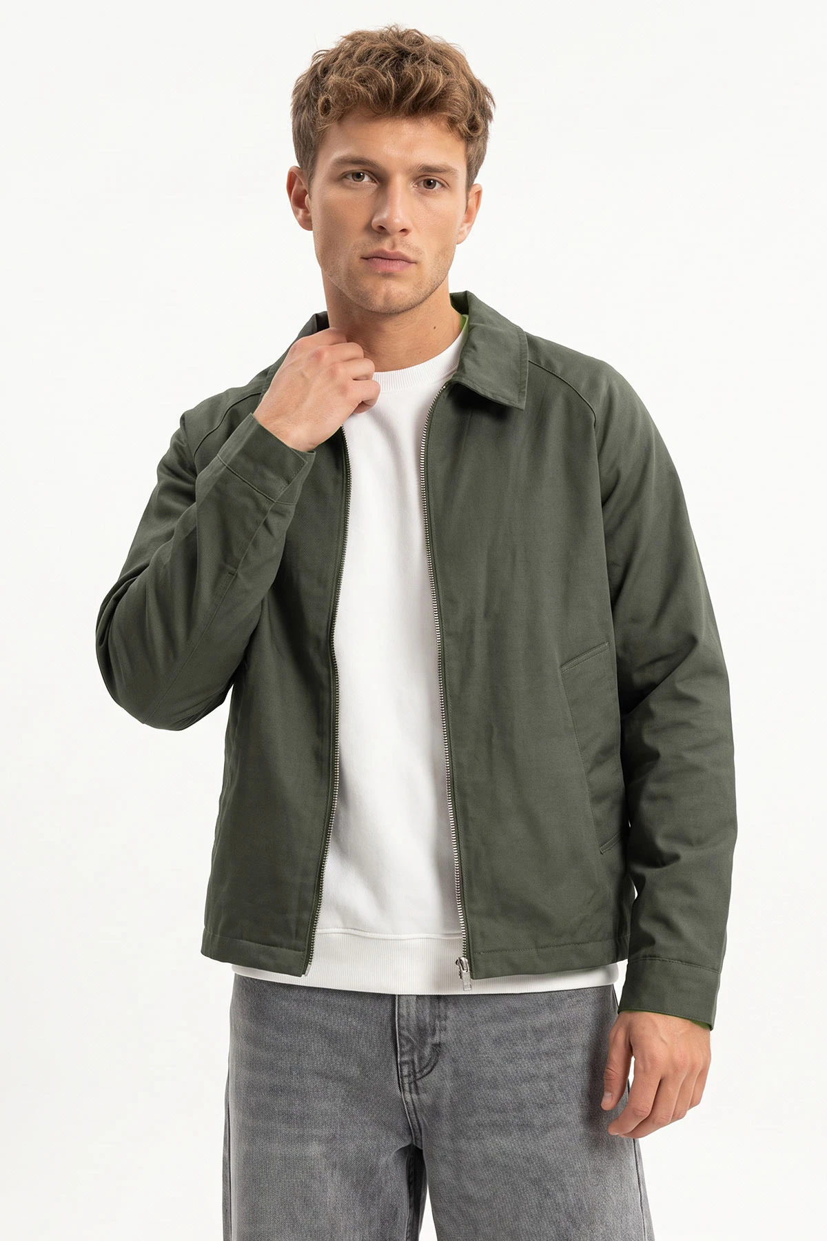 Haki Reglan Kol Fermuarlı Erkek Ceket 491793