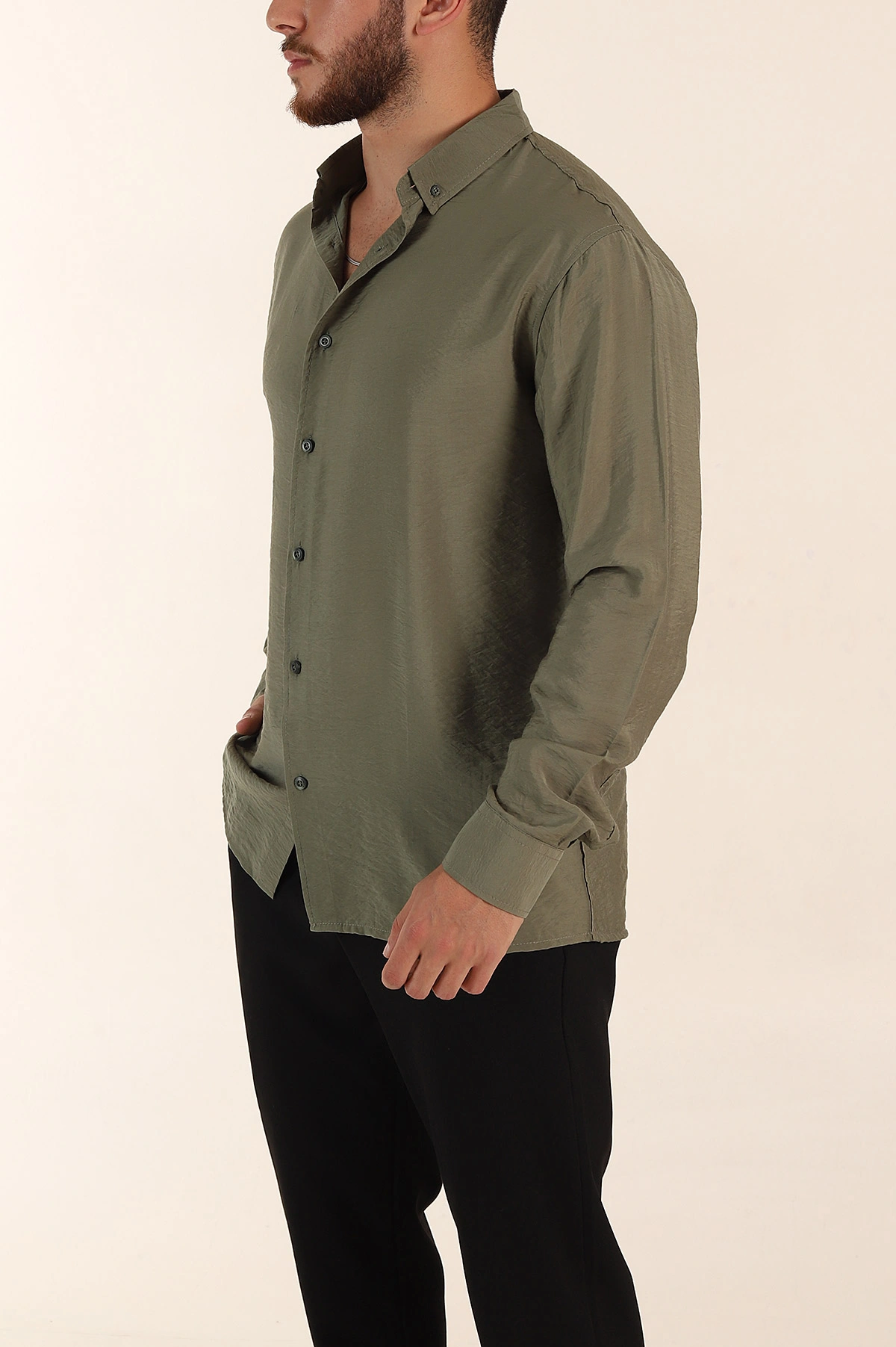 Haki Regular Fit Ata Yaka Basic Uzun Kollu Erkek Gömlek 370029