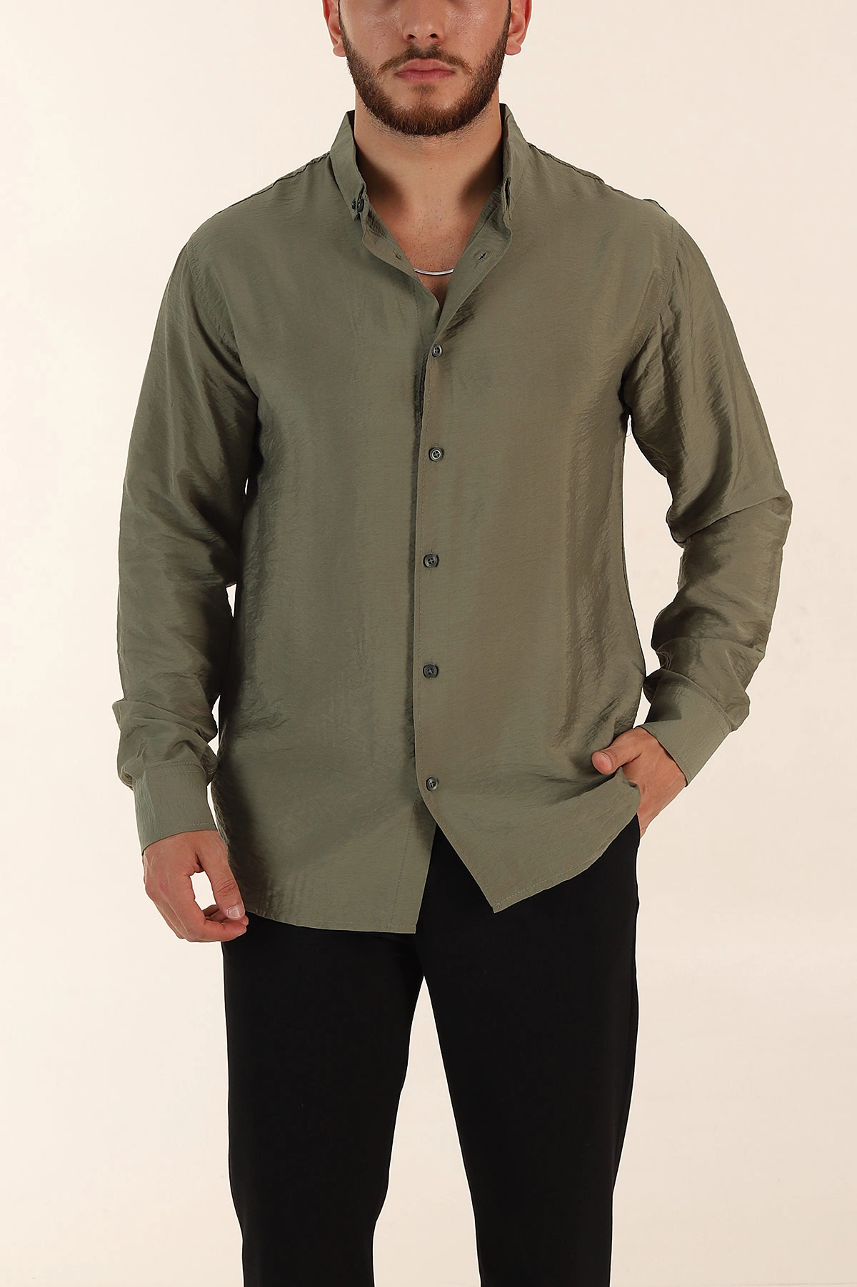 Haki Regular Fit Ata Yaka Basic Uzun Kollu Erkek Gömlek 370029