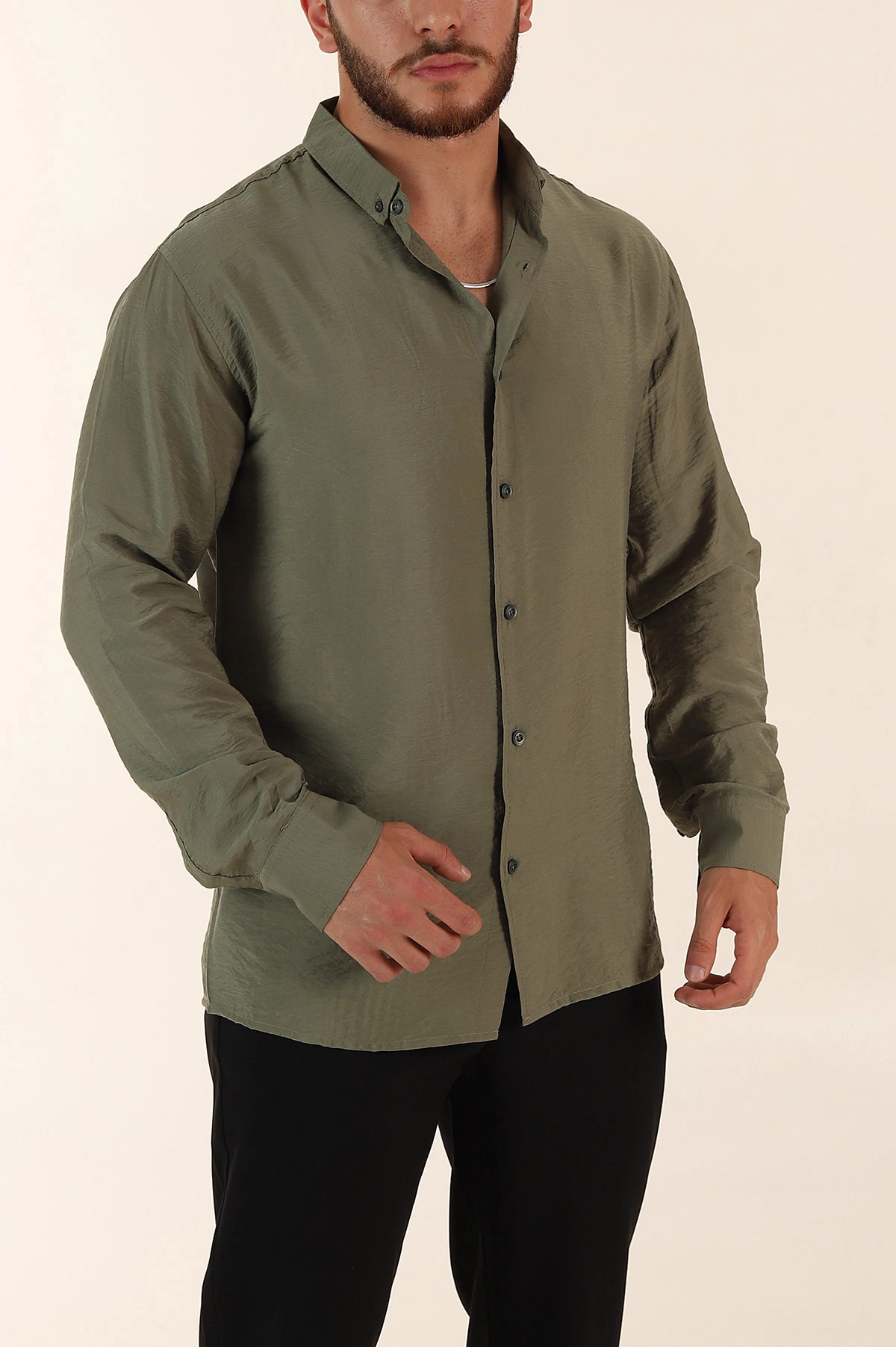 Haki Regular Fit Ata Yaka Basic Uzun Kollu Erkek Gömlek 370029