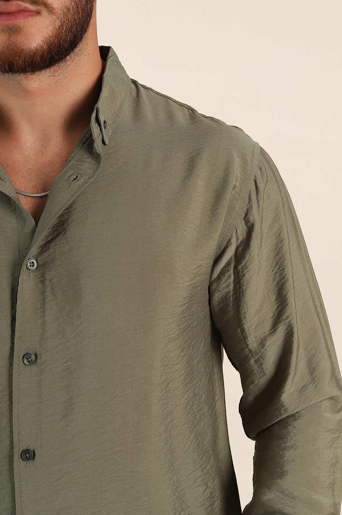 Haki Regular Fit Ata Yaka Basic Uzun Kollu Erkek Gömlek 370029