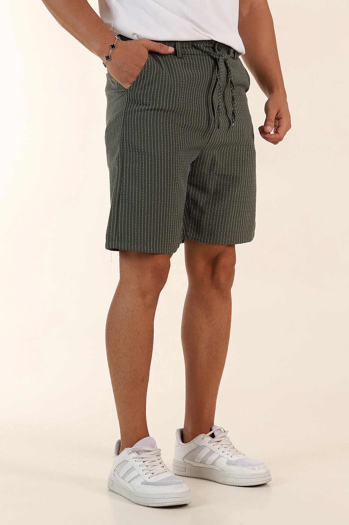 Haki Regular Fit Çizgili Erkek Şort 385195
