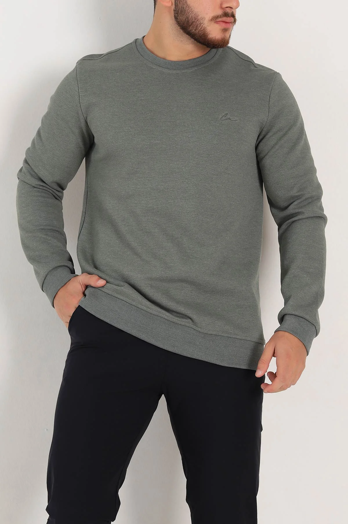 Haki Regular Fit İnterlok Kumaş Pike Doku Basic Erkek Sweatshirt 305426