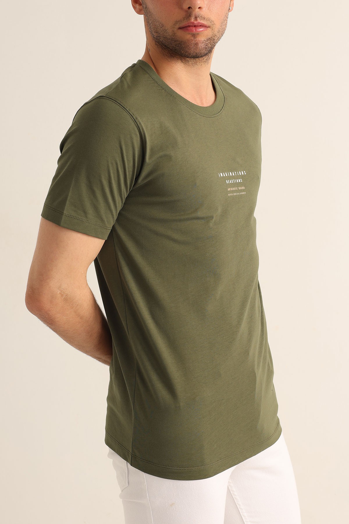 Haki Regular Fit Kabartma Yazı Detay Erkek Tişört 182227