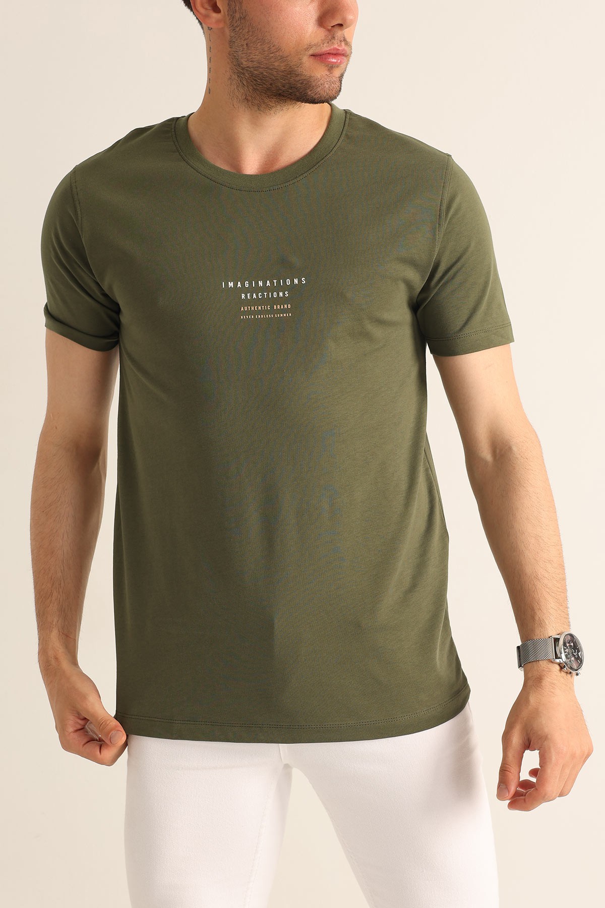 Haki Regular Fit Kabartma Yazı Detay Erkek Tişört 182227