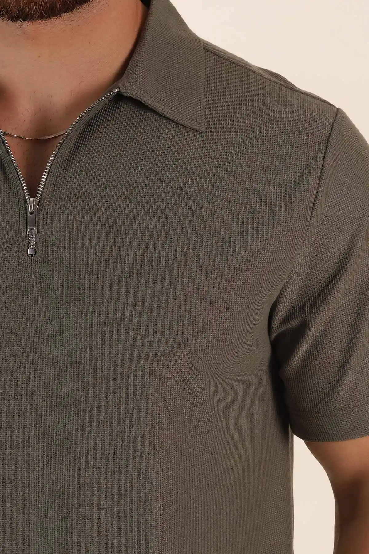 Haki Regular Fit Pike Dokulu Fermuarlı Polo Yaka Erkek Tişört 368529