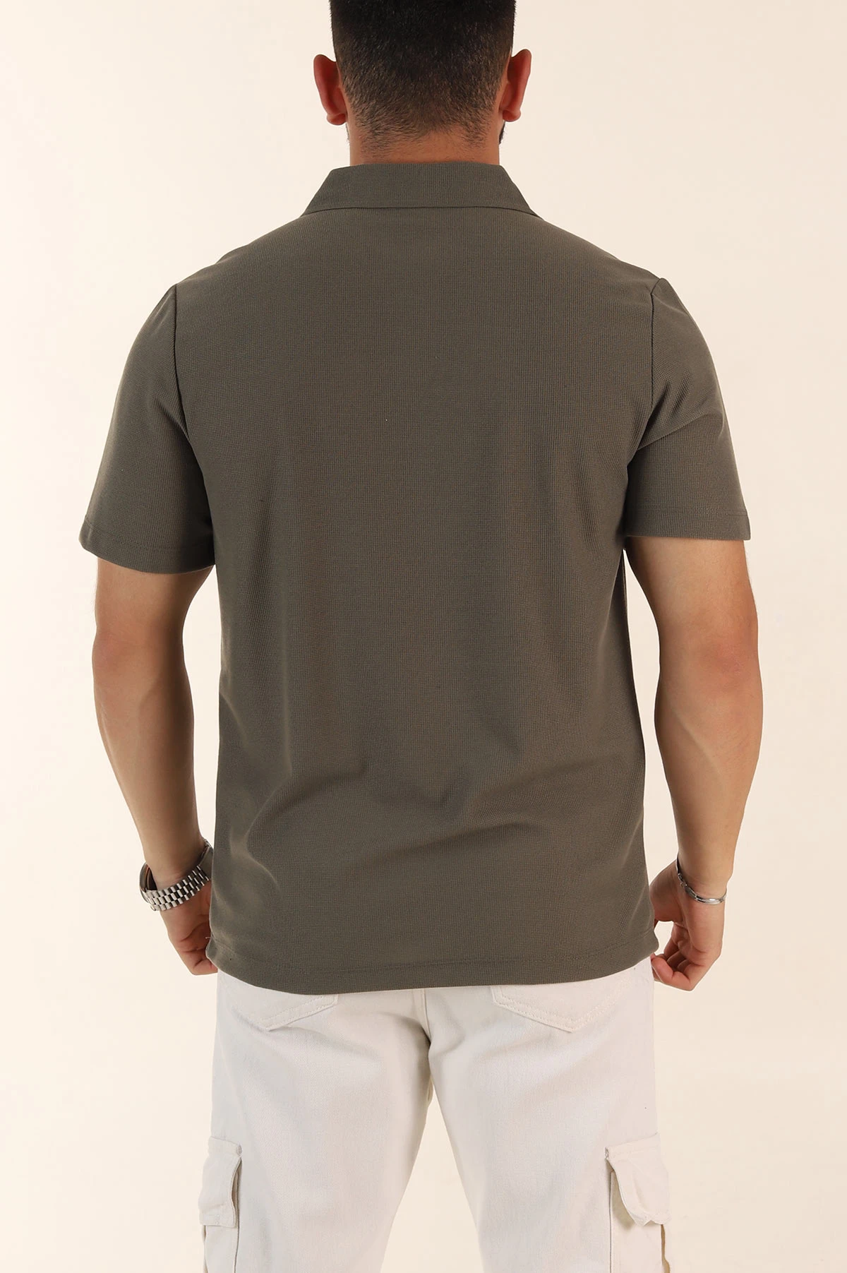 Haki Regular Fit Pike Dokulu Fermuarlı Polo Yaka Erkek Tişört 368529