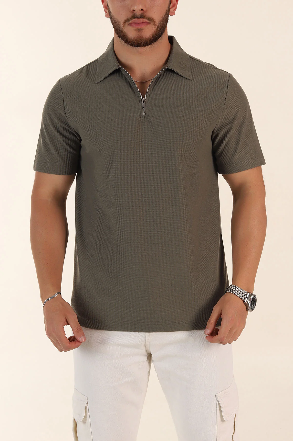 Haki Regular Fit Pike Dokulu Fermuarlı Polo Yaka Erkek Tişört 368529