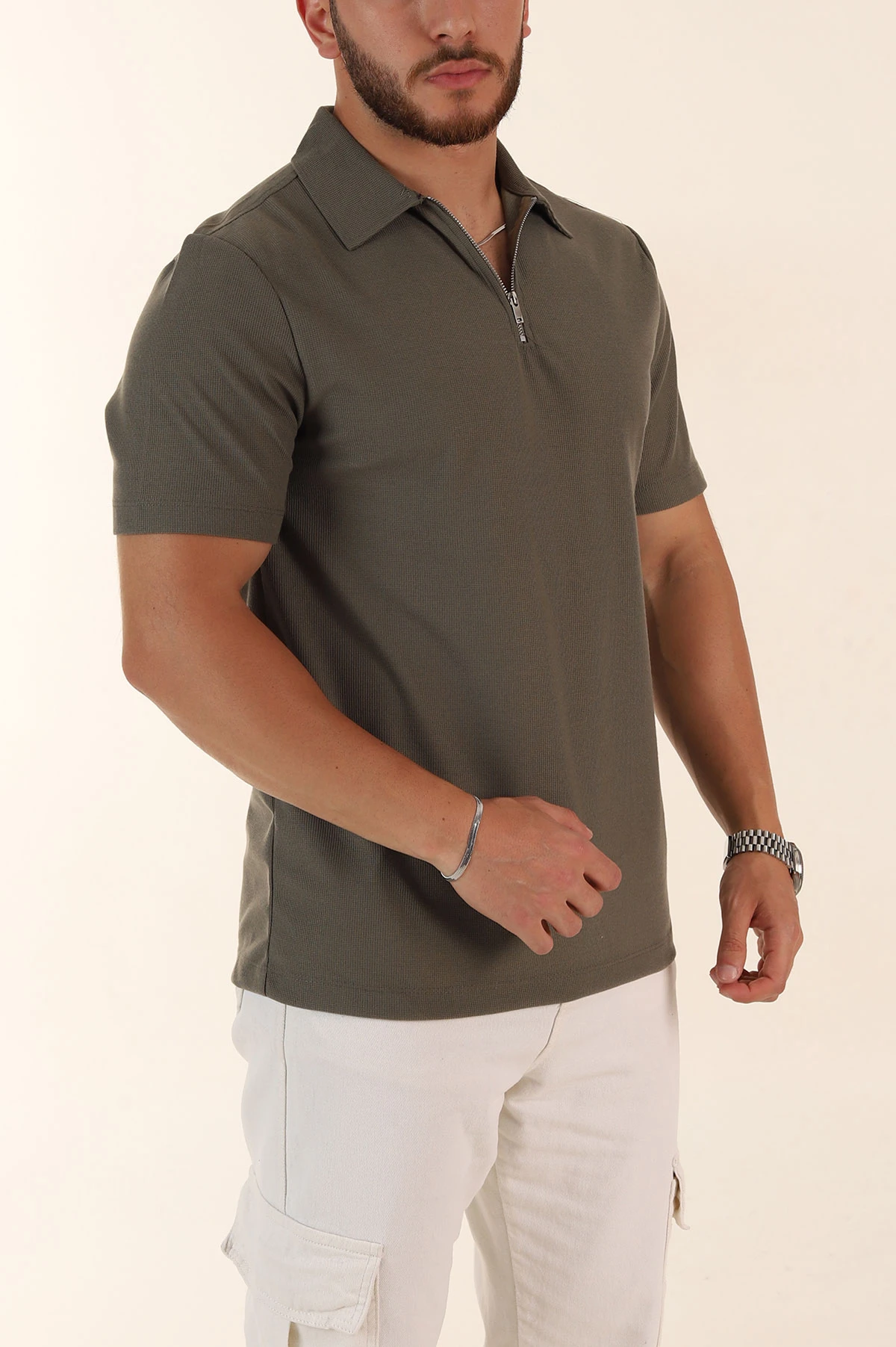 Haki Regular Fit Pike Dokulu Fermuarlı Polo Yaka Erkek Tişört 368529