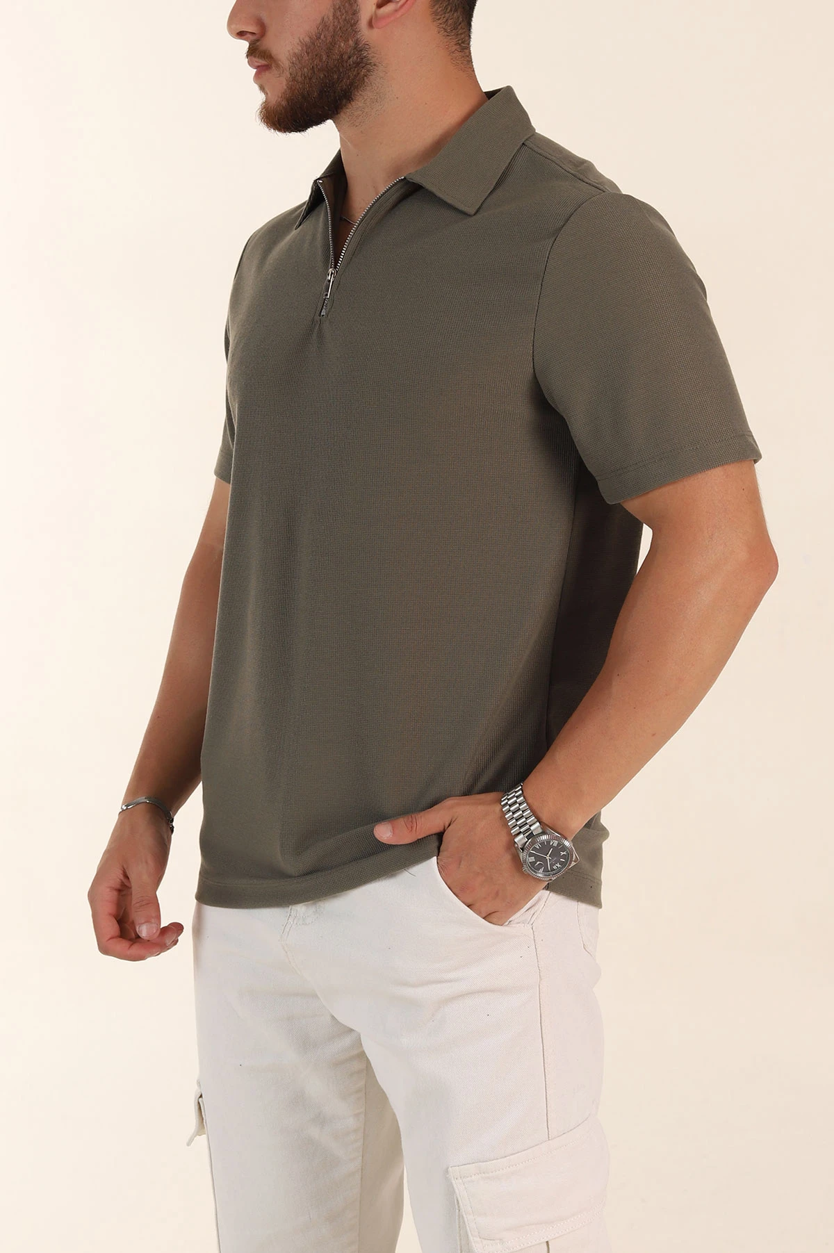 Haki Regular Fit Pike Dokulu Fermuarlı Polo Yaka Erkek Tişört 368529