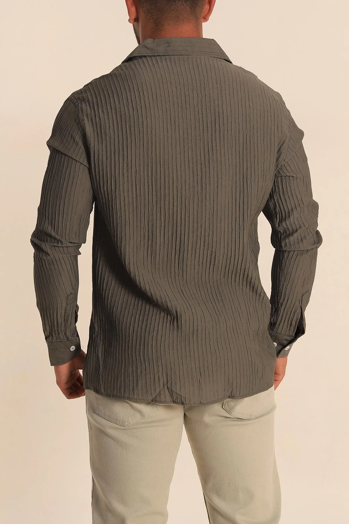Haki Regular Fit Plise Dokulu Erkek Gömlek 285471