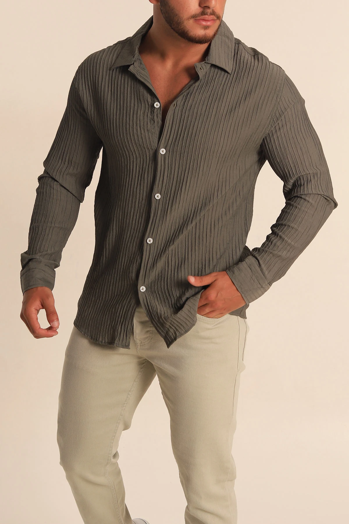 Haki Regular Fit Plise Dokulu Erkek Gömlek 285471