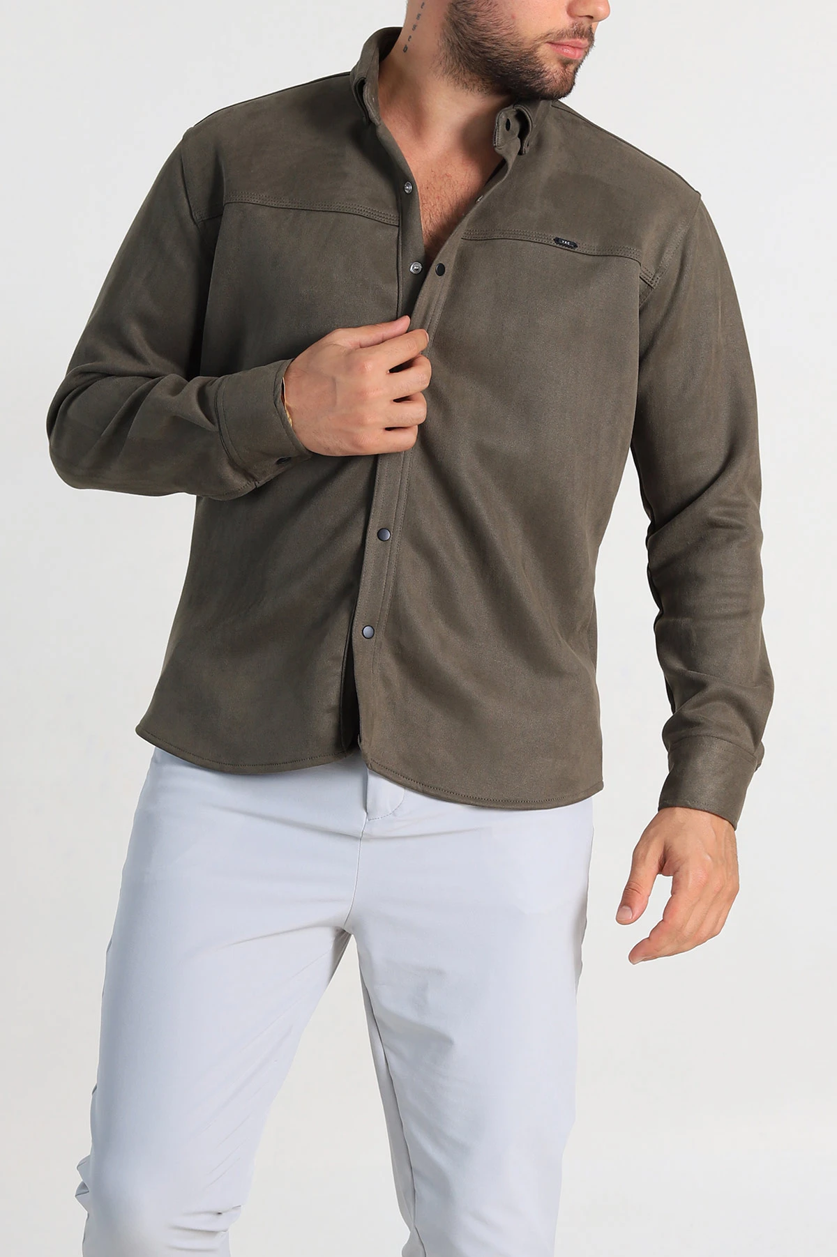 Haki Regular Fit Süet Çıt Çıt Düğmeli Erkek Gömlek 309298