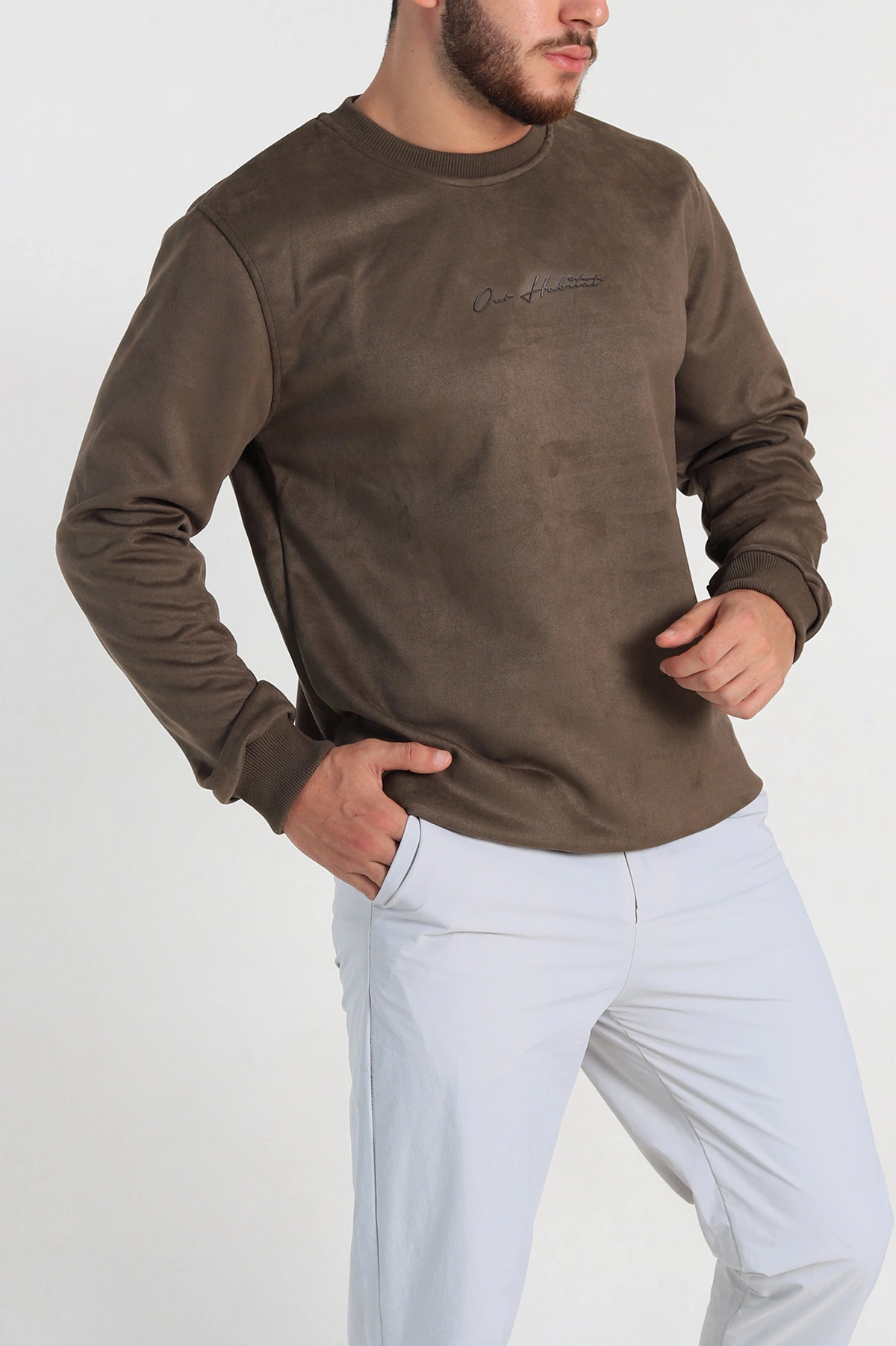 Haki Regular Fit Süet Kabartma Yazı Detaylı Erkek Sweatshirt 305856
