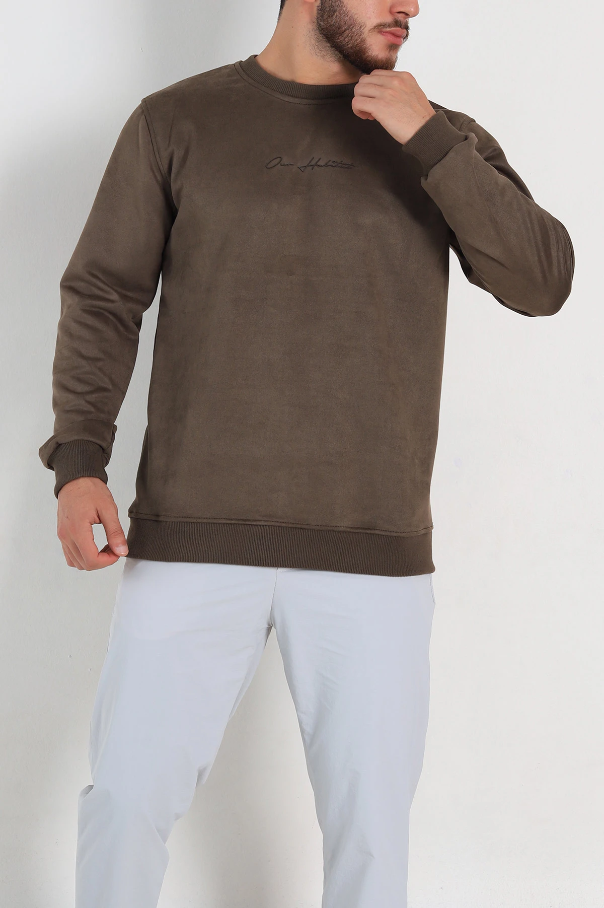 Haki Regular Fit Süet Kabartma Yazı Detaylı Erkek Sweatshirt 305856