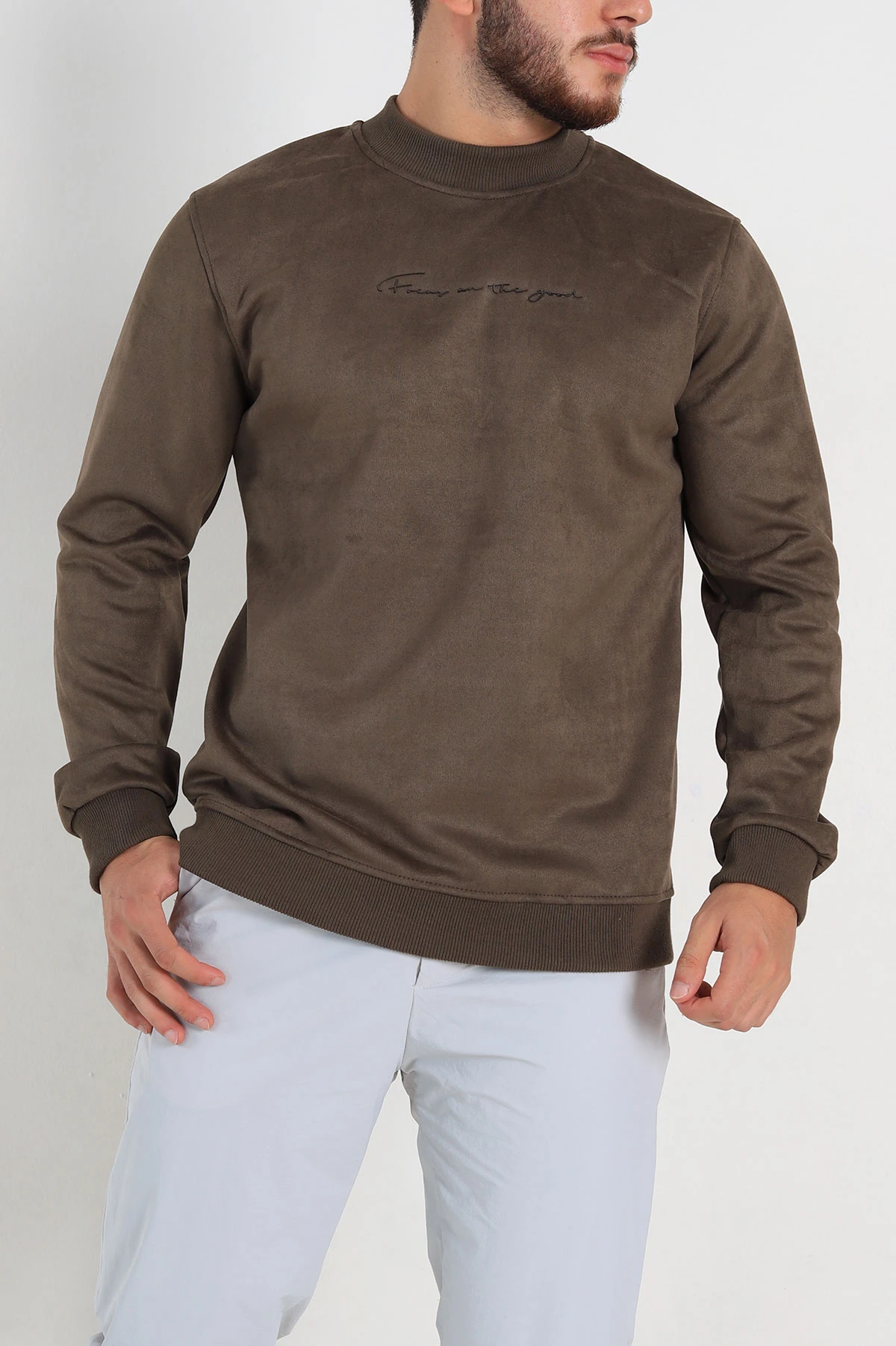 Haki Regular Fit Süet Kabartma Yazı Detaylı Erkek Sweatshirt 305897