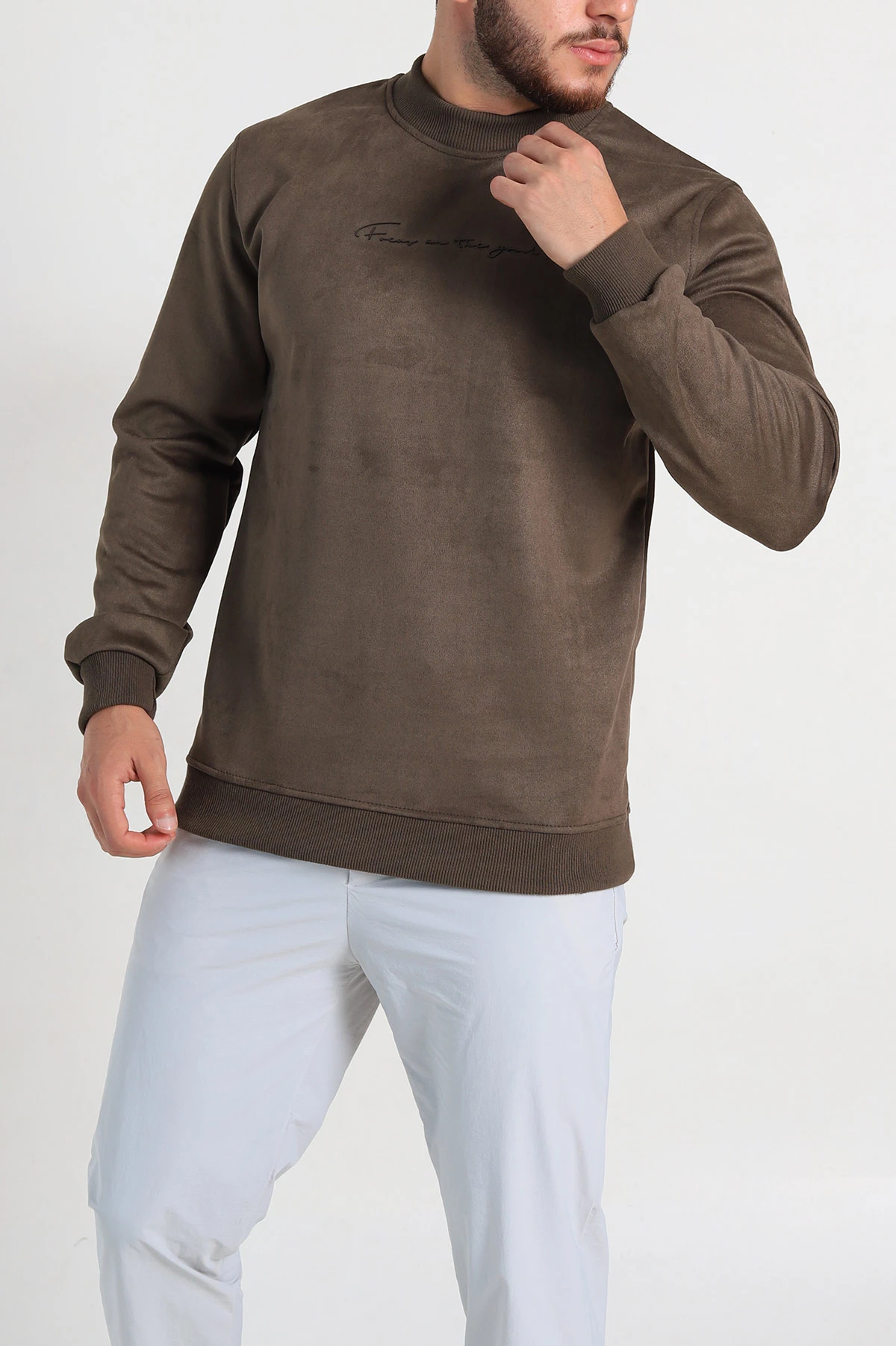 Haki Regular Fit Süet Kabartma Yazı Detaylı Erkek Sweatshirt 305897