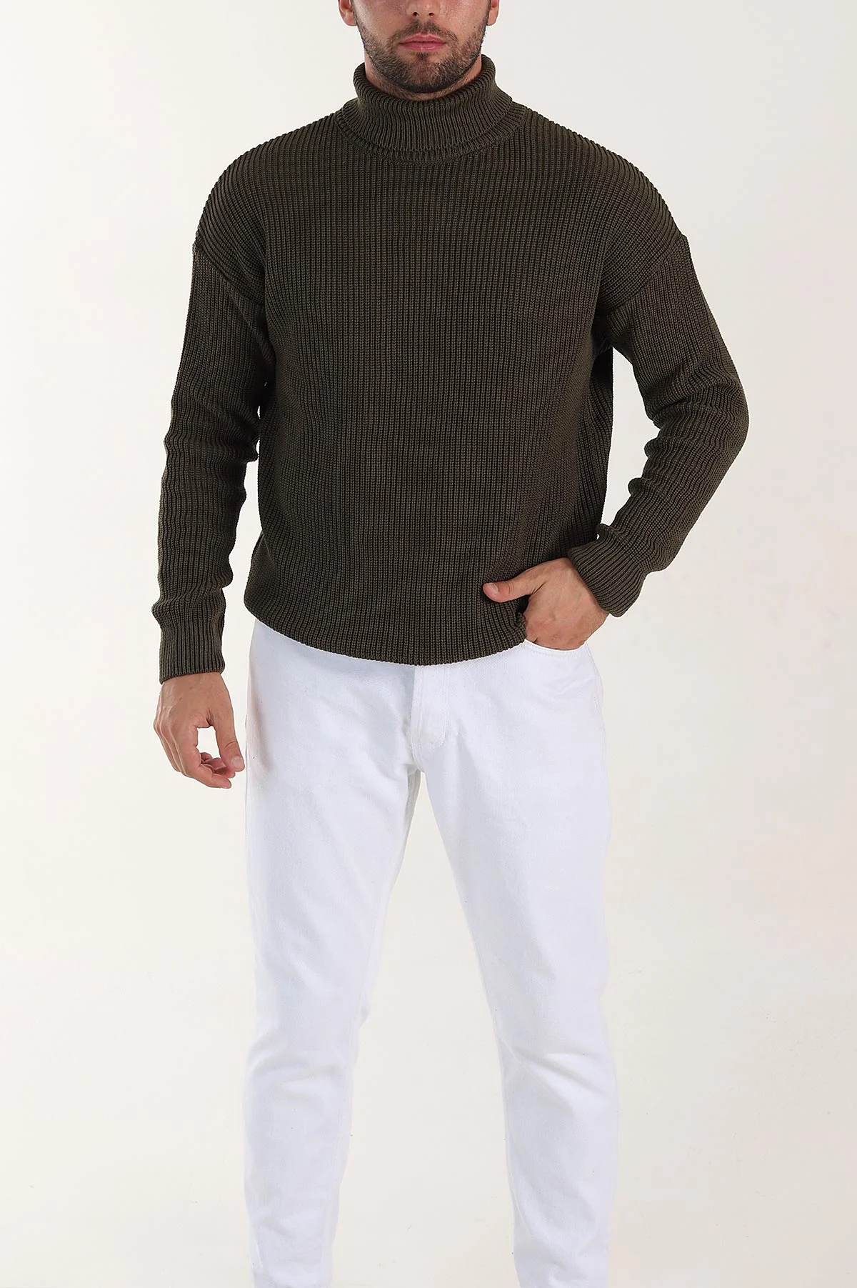 Haki Relaxed Fit Balıkçı Yaka Erkek Triko Kazak 397754