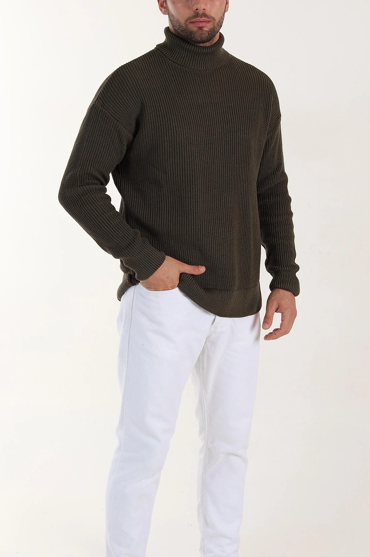Haki Relaxed Fit Balıkçı Yaka Erkek Triko Kazak 397754