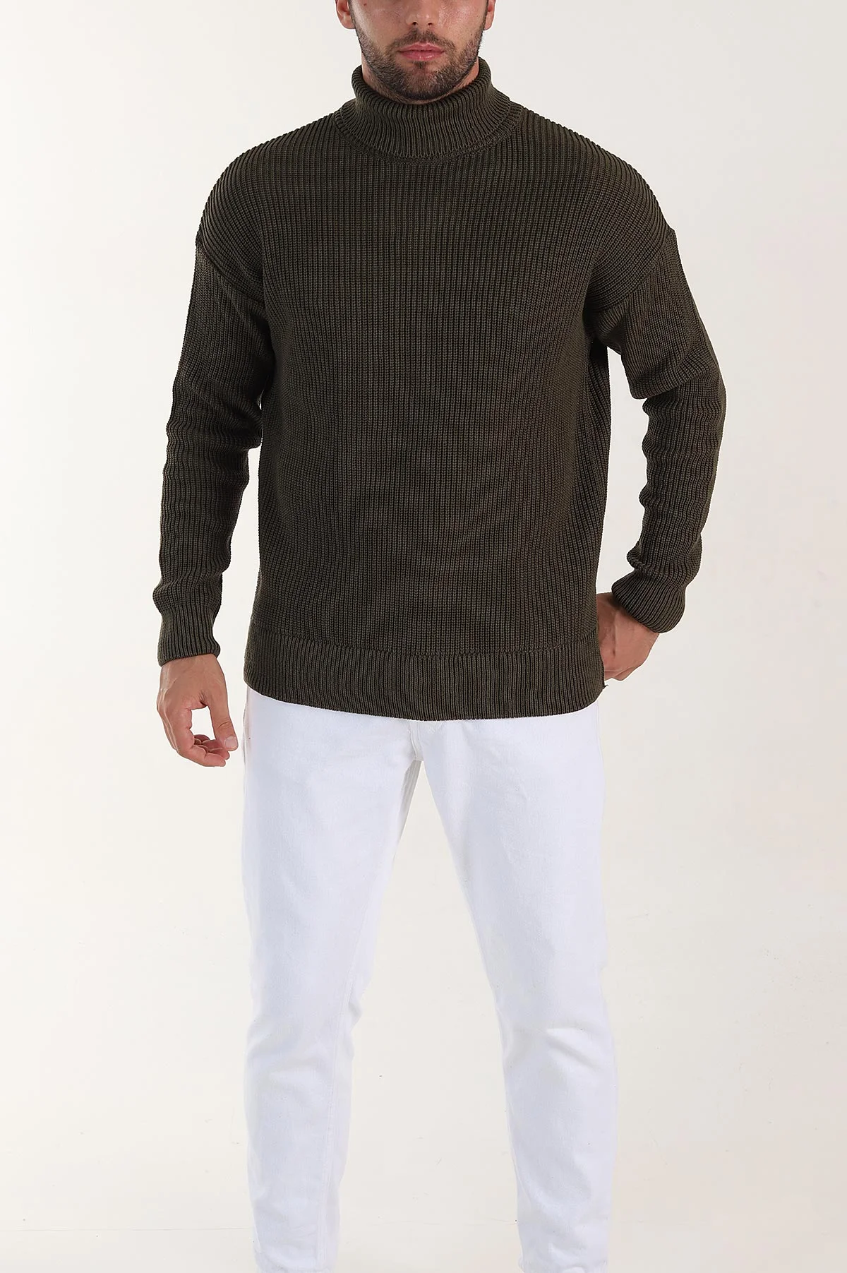 Haki Relaxed Fit Balıkçı Yaka Erkek Triko Kazak 397754