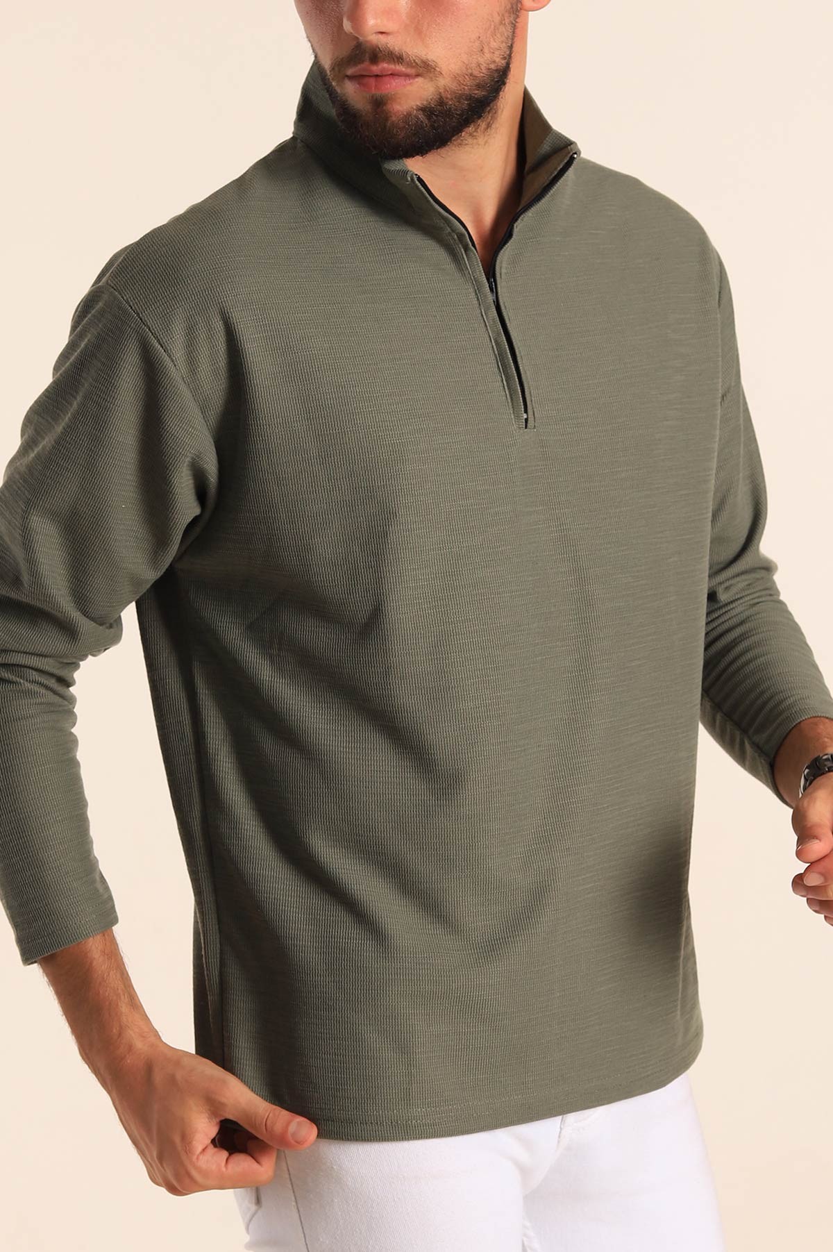 Haki Relaxed Fit Balıkçı Yaka Fermuarlı Erkek Sweat 201318