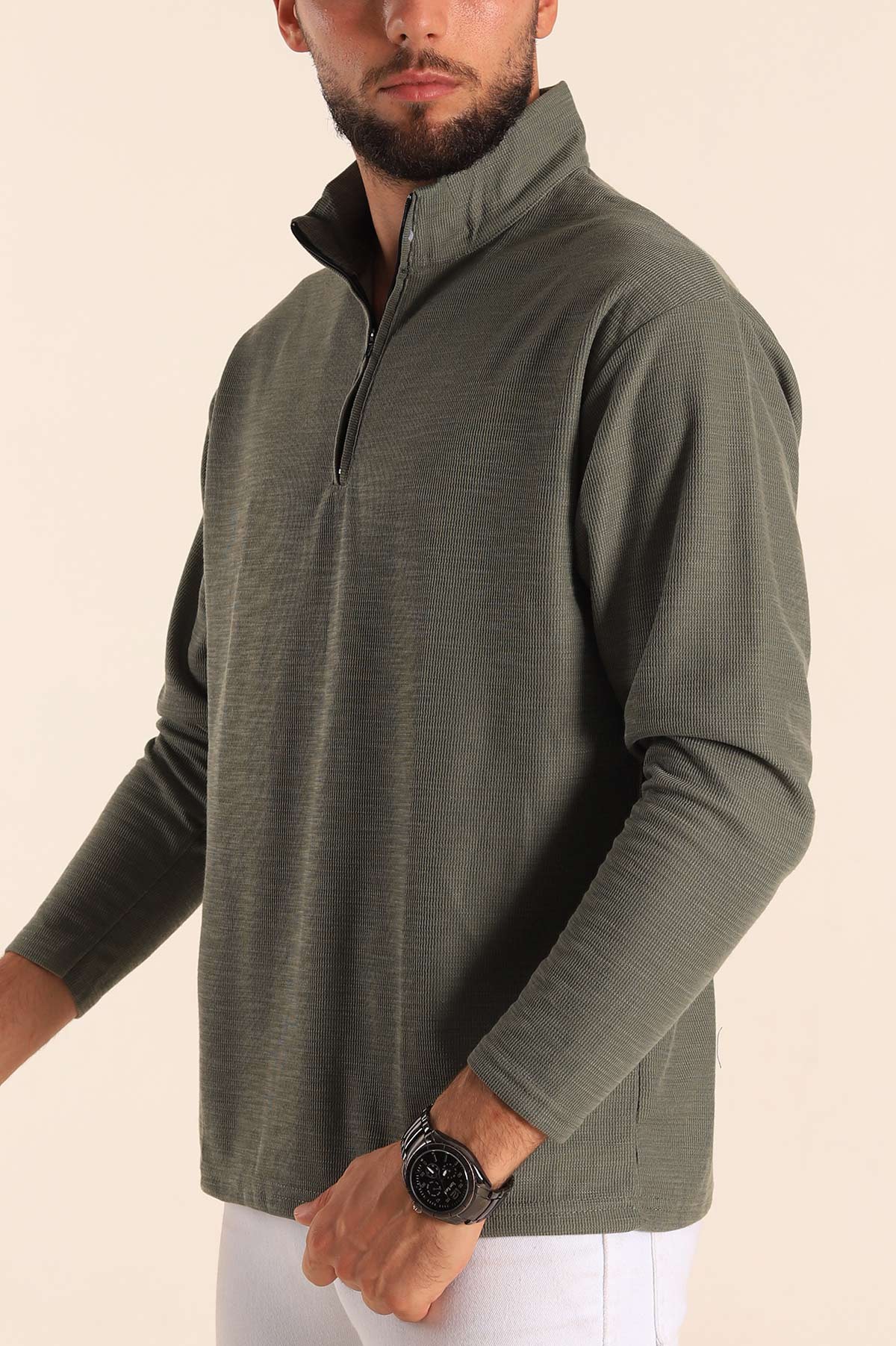 Haki Relaxed Fit Balıkçı Yaka Fermuarlı Erkek Sweat 201318