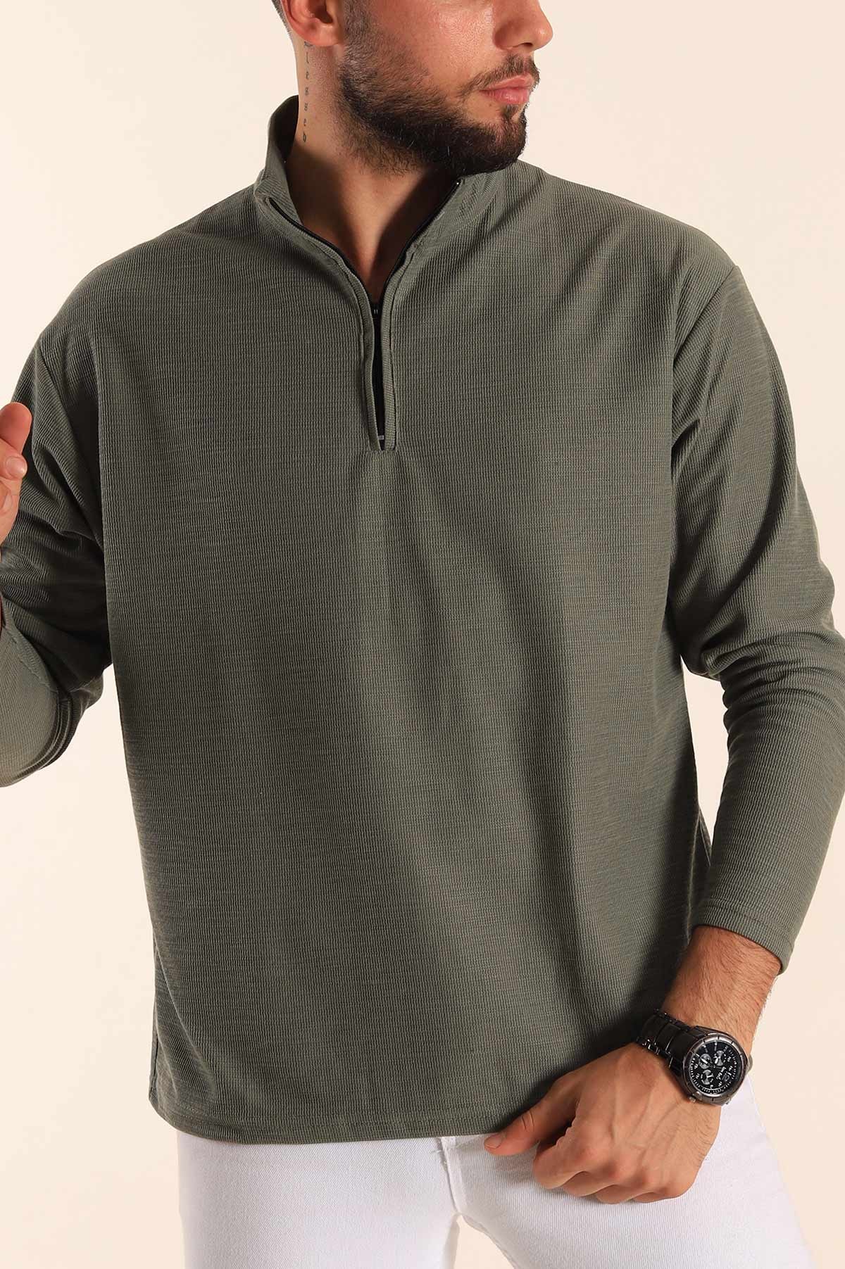 Haki Relaxed Fit Balıkçı Yaka Fermuarlı Erkek Sweat 201318