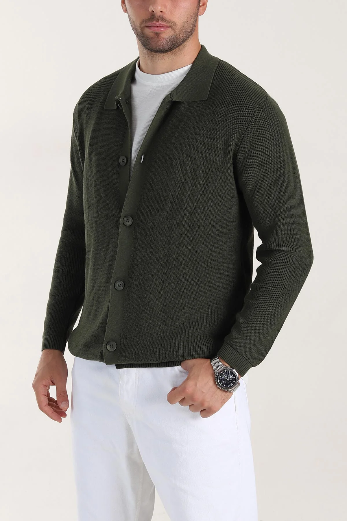 Haki Relaxed Fit Bambu Erkek Triko Hırka 400156