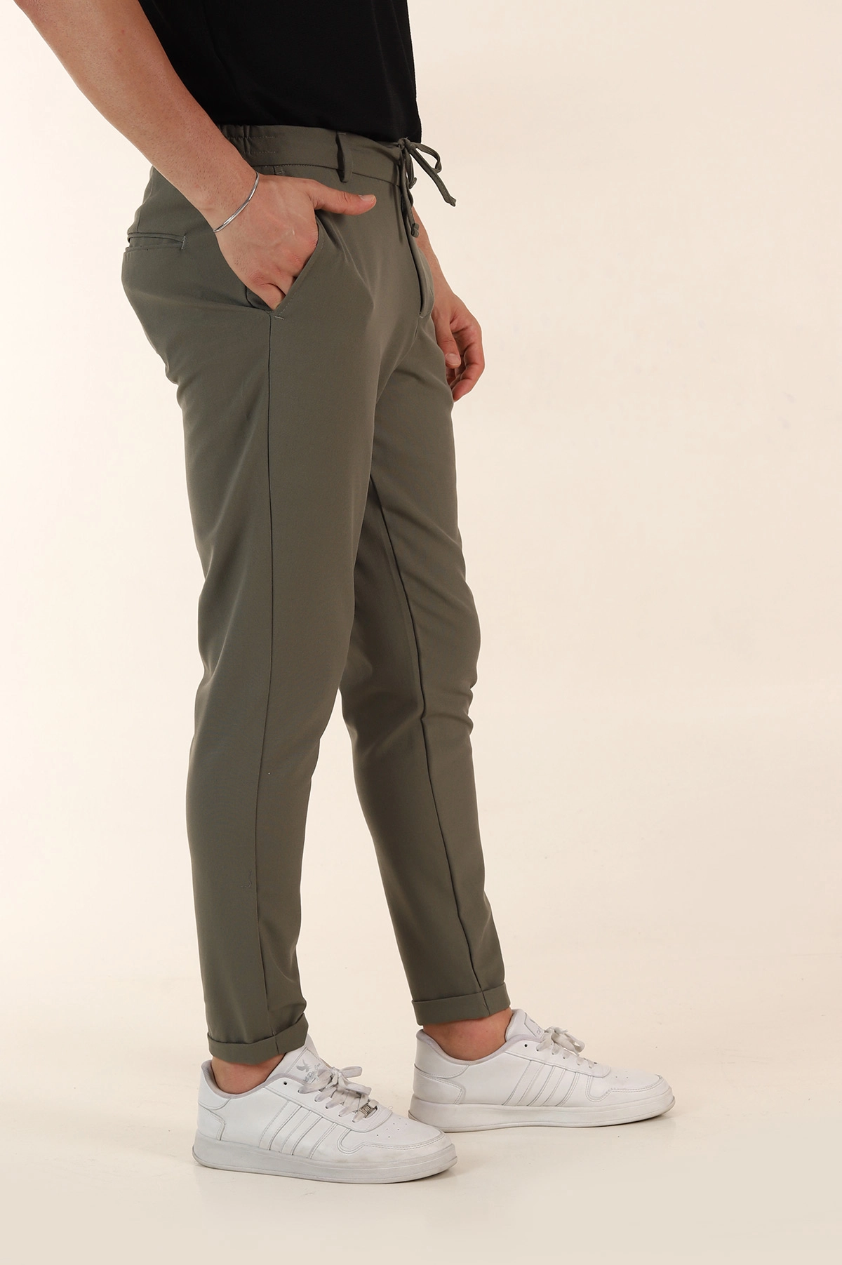 Haki Relaxed Fit Bel Bağlamalı Duble Paça Erkek Kumaş Pantolon 368384