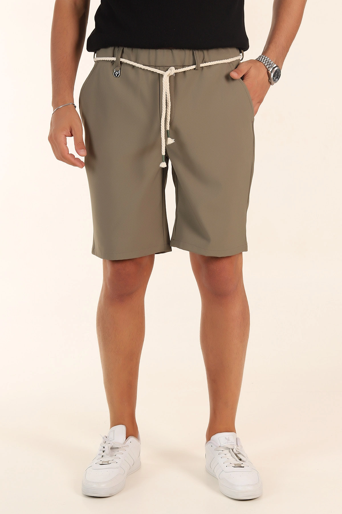 Haki Relaxed Fit Bel Lastikli Erkek Kumaş Şort 380999