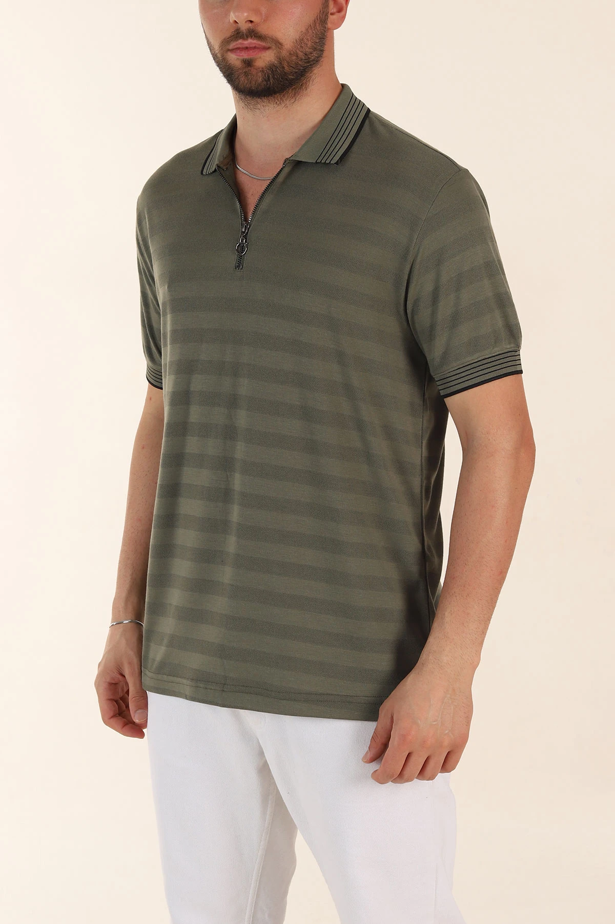 Haki Relaxed Fit Çizgi Dokulu Fermuarlı Polo Yaka Basic Erkek Tİşört 370232