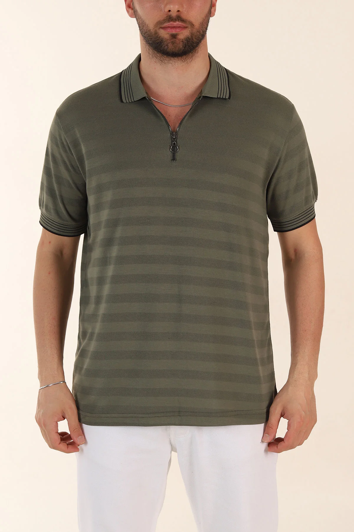 Haki Relaxed Fit Çizgi Dokulu Fermuarlı Polo Yaka Basic Erkek Tİşört 370232