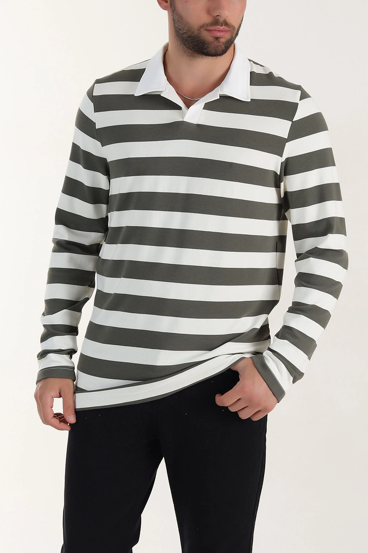 Haki Relaxed Fit Çizgili Jakarlı Kumaş Erkek Triko Sweatshirt 399590