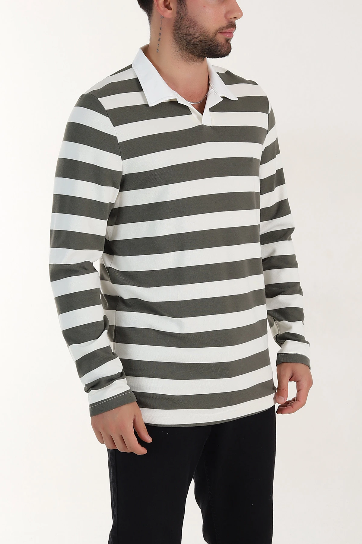 Haki Relaxed Fit Çizgili Jakarlı Kumaş Erkek Triko Sweatshirt 399590