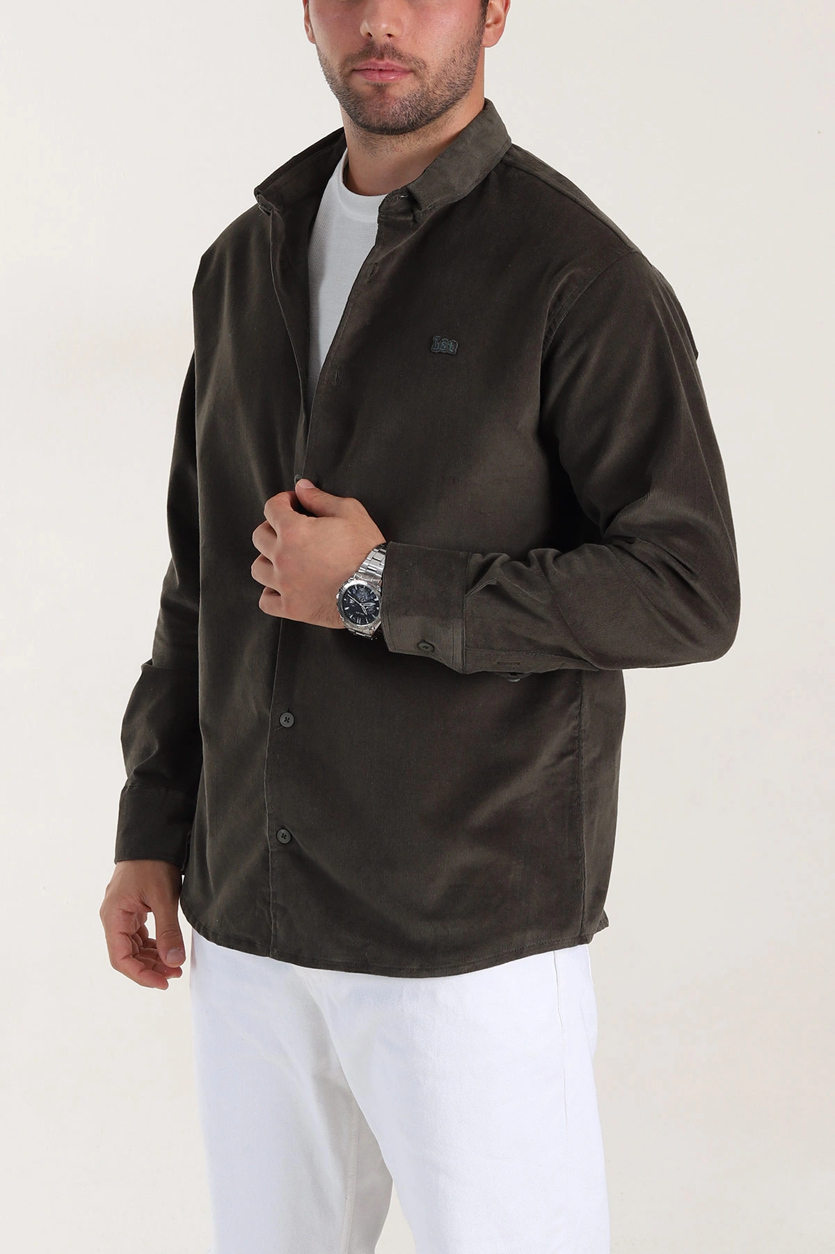 Haki Relaxed Fit Fitilli Kadife Ata Yaka Erkek Gömlek 400085