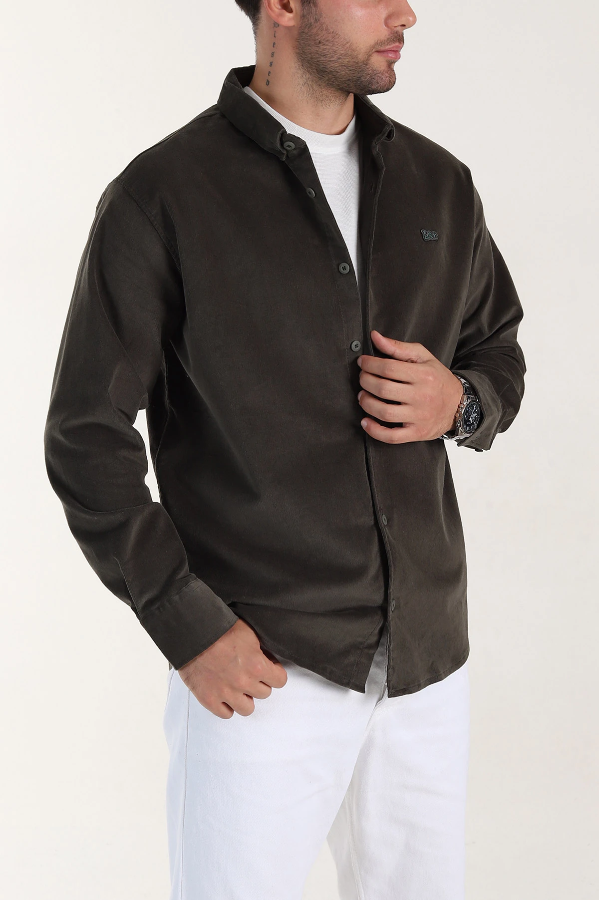 Haki Relaxed Fit Fitilli Kadife Ata Yaka Erkek Gömlek 400085