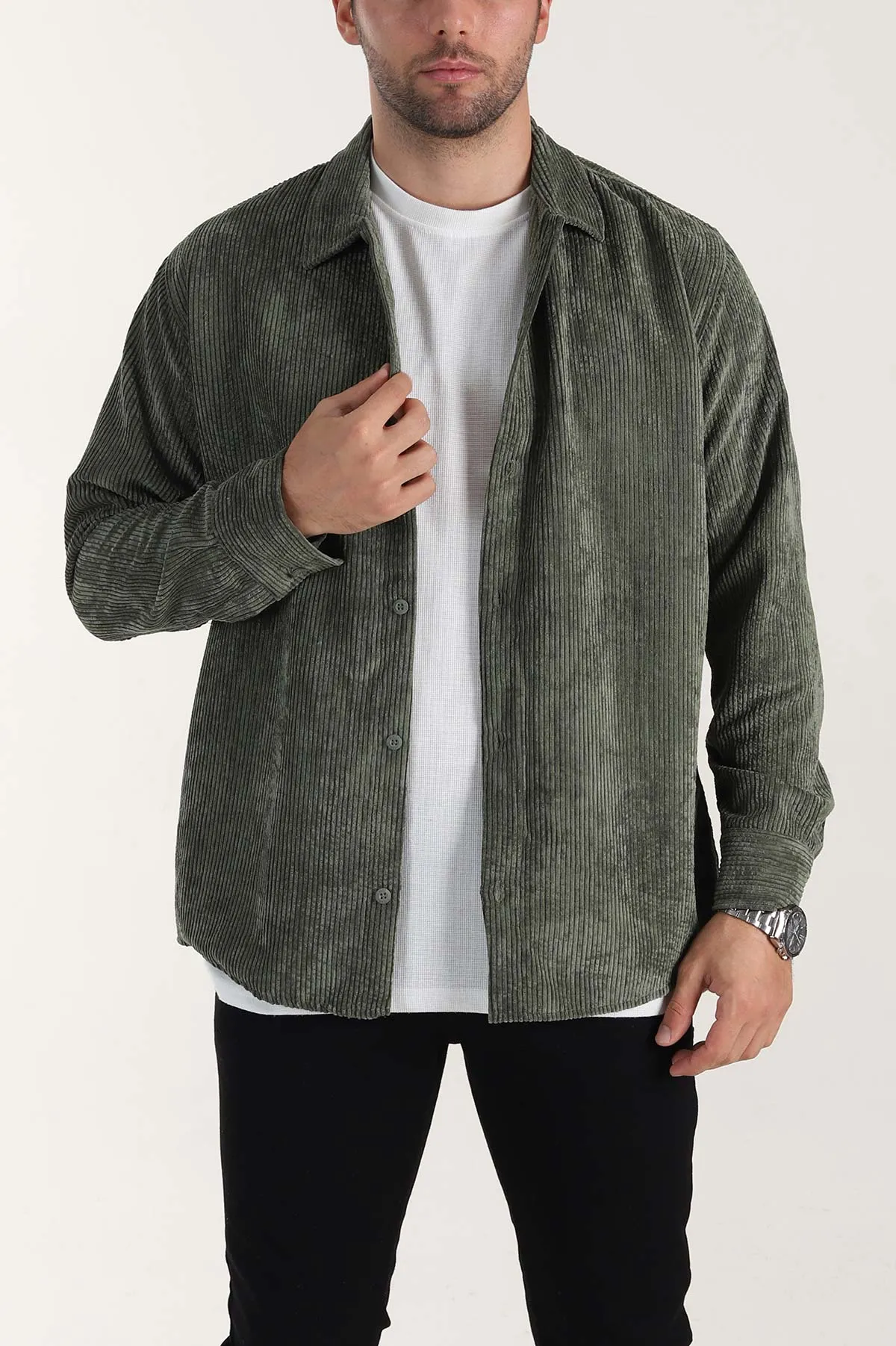 Haki Relaxed Fit Fitilli Kadife Erkek Gömlek 399964