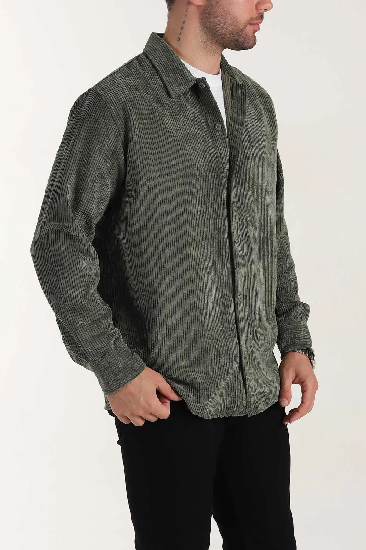 Haki Relaxed Fit Fitilli Kadife Erkek Gömlek 399964