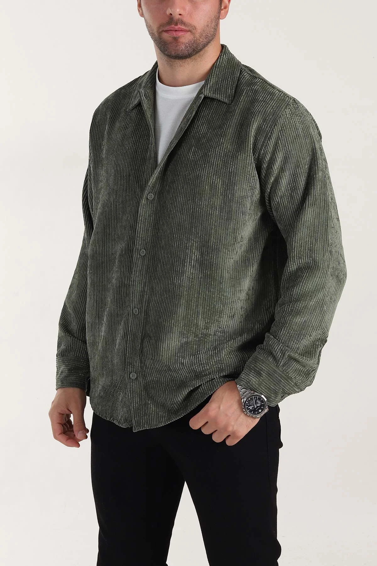 Haki Relaxed Fit Fitilli Kadife Erkek Gömlek 399964