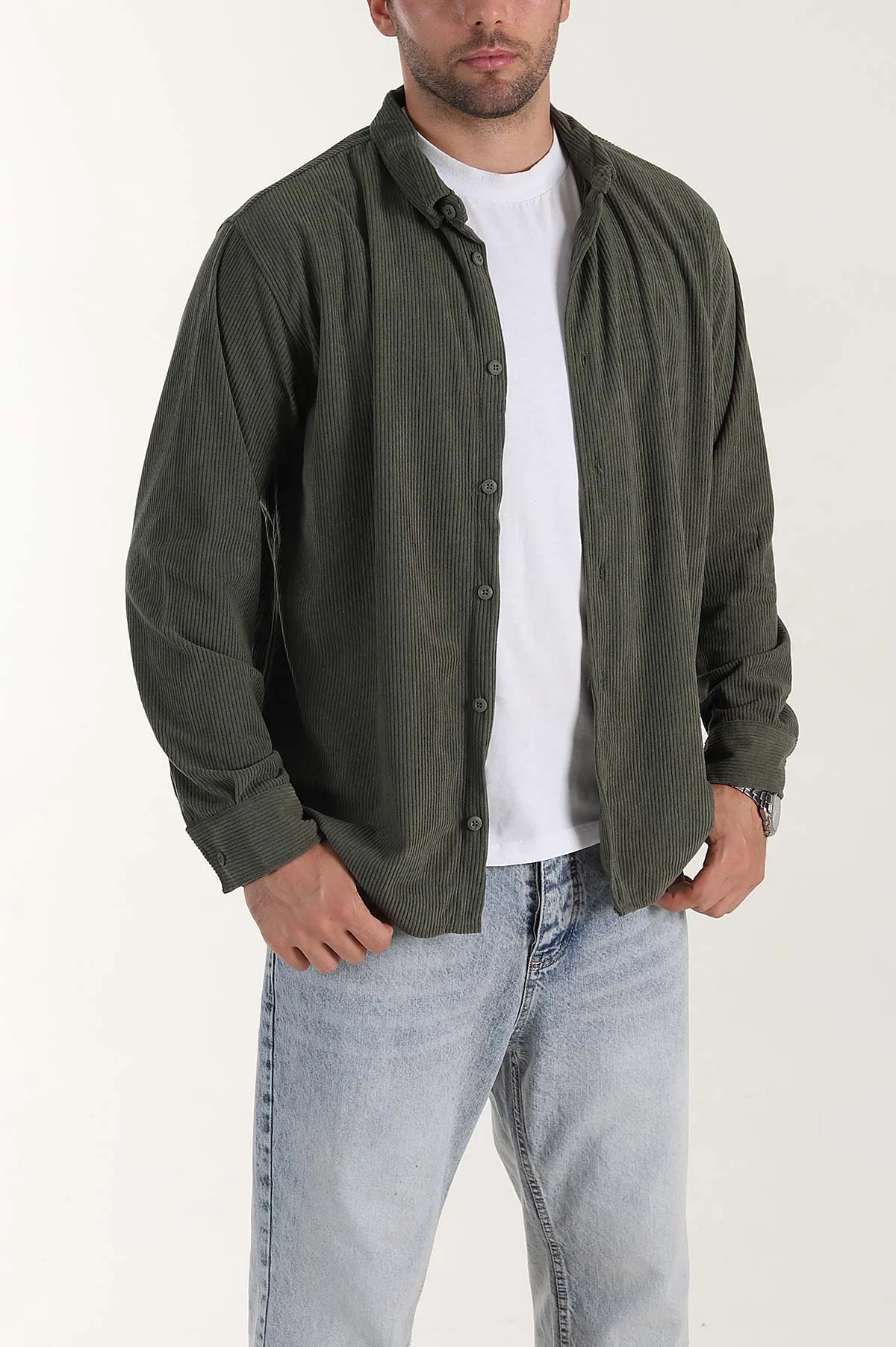 Haki Relaxed Fit Fitilli Kadife Erkek Gömlek 400093