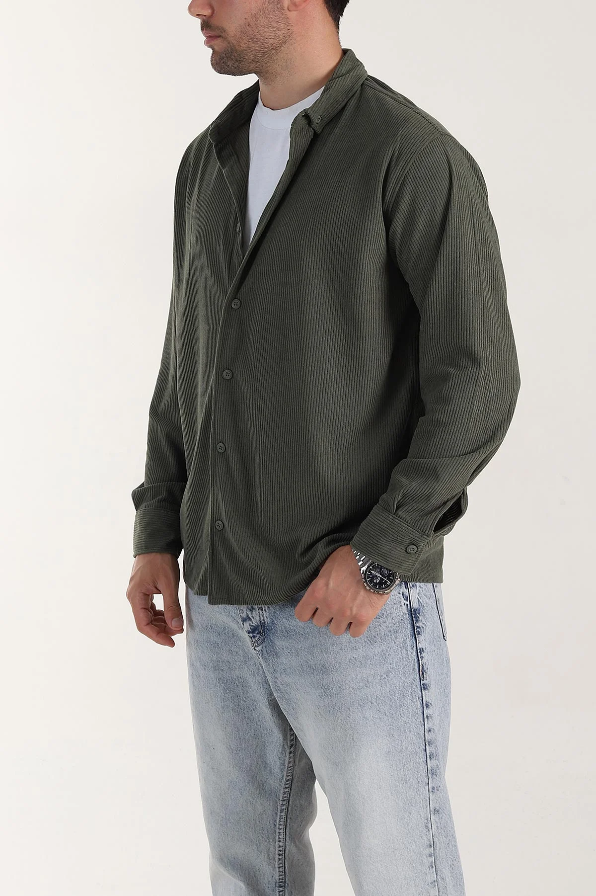 Haki Relaxed Fit Fitilli Kadife Erkek Gömlek 400093