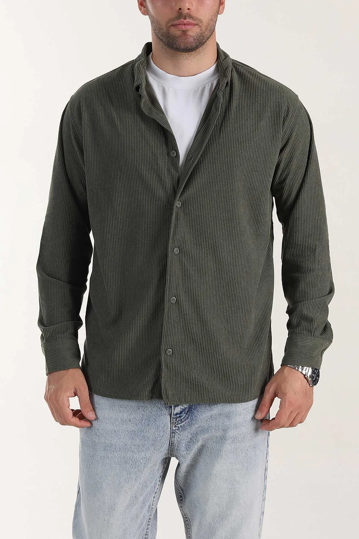 Haki Relaxed Fit Fitilli Kadife Erkek Gömlek 400093