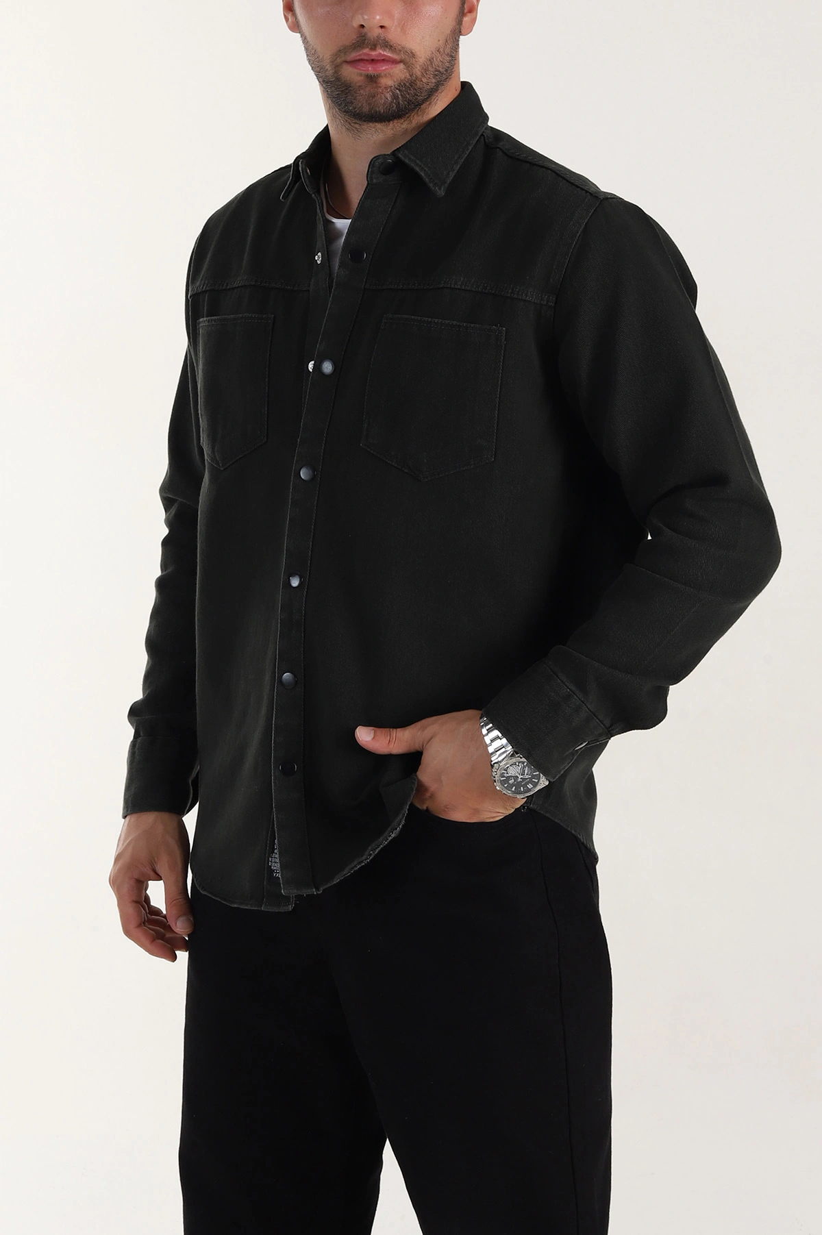 Haki Relaxed Fit Gabardin Çift Cepli Yıkamalı Erkek Gömlek 397968