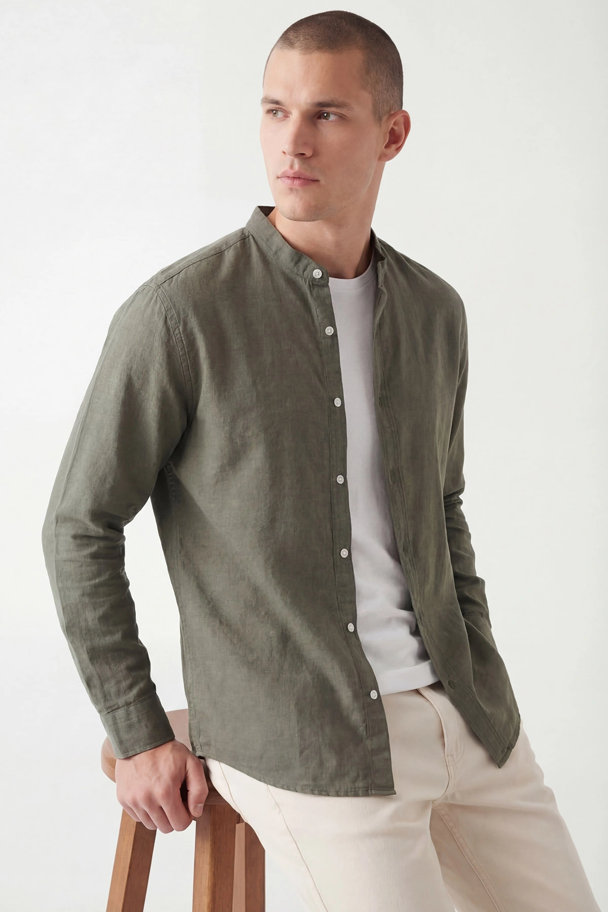Haki Relaxed Fit Hakim Yaka Uzun Kollu Erkek Gömlek 445643