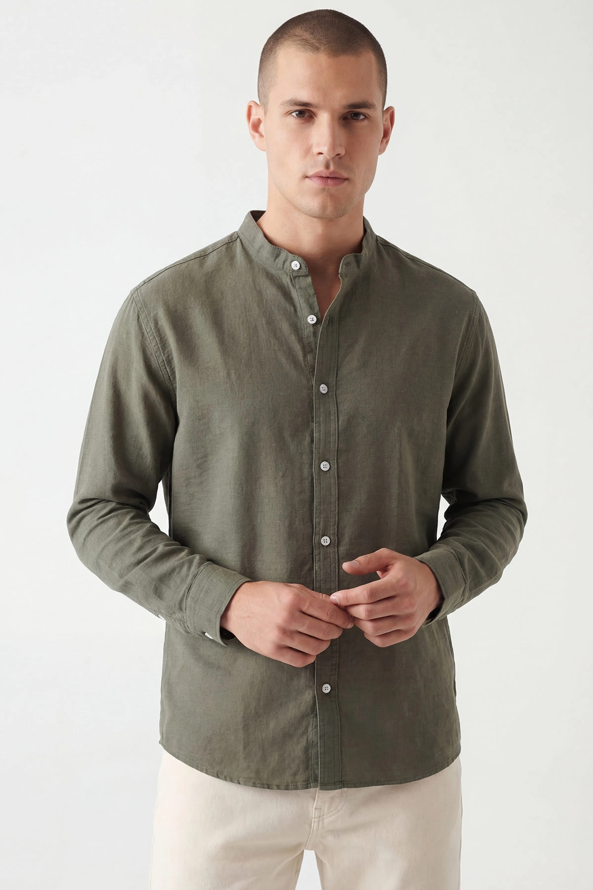 Haki Relaxed Fit Hakim Yaka Uzun Kollu Erkek Gömlek 445643