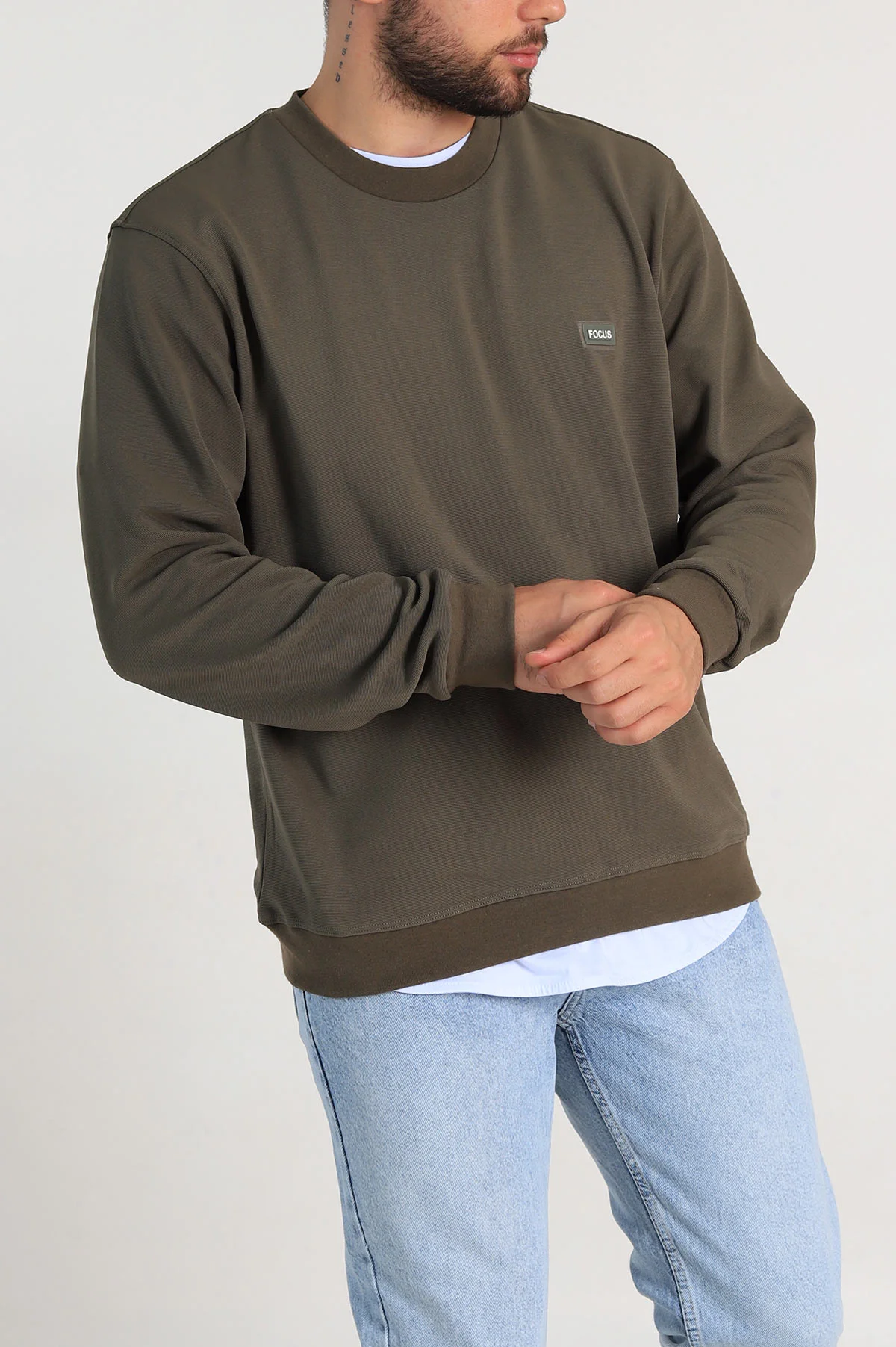 Haki Relaxed Fit İki İp Şardonlu Yazı Detay Likralı Erkek Sweatshirt 311196