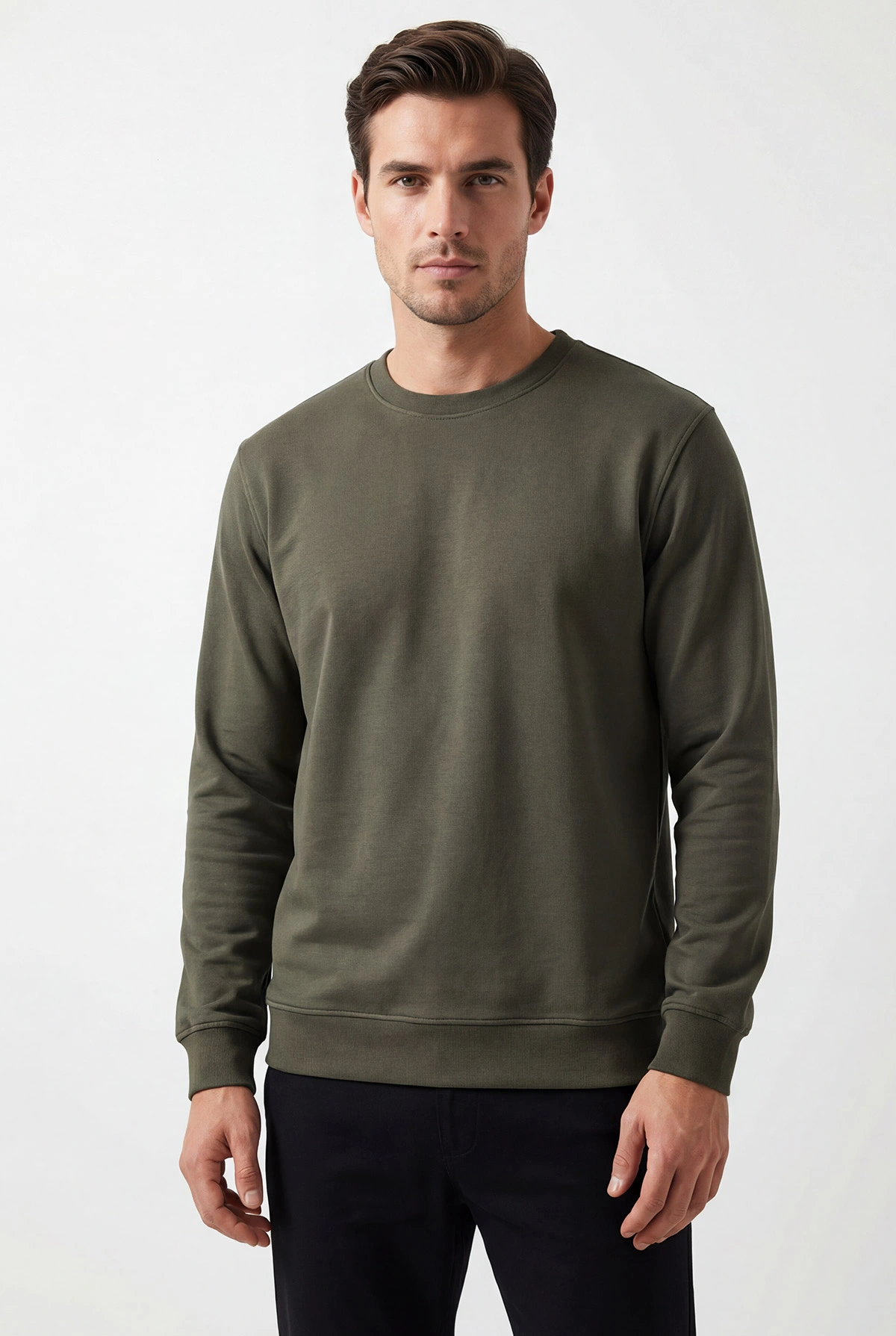 Haki Relaxed Fit İki İp Şardonsuz Basic Erkek Sweatshirt 424672