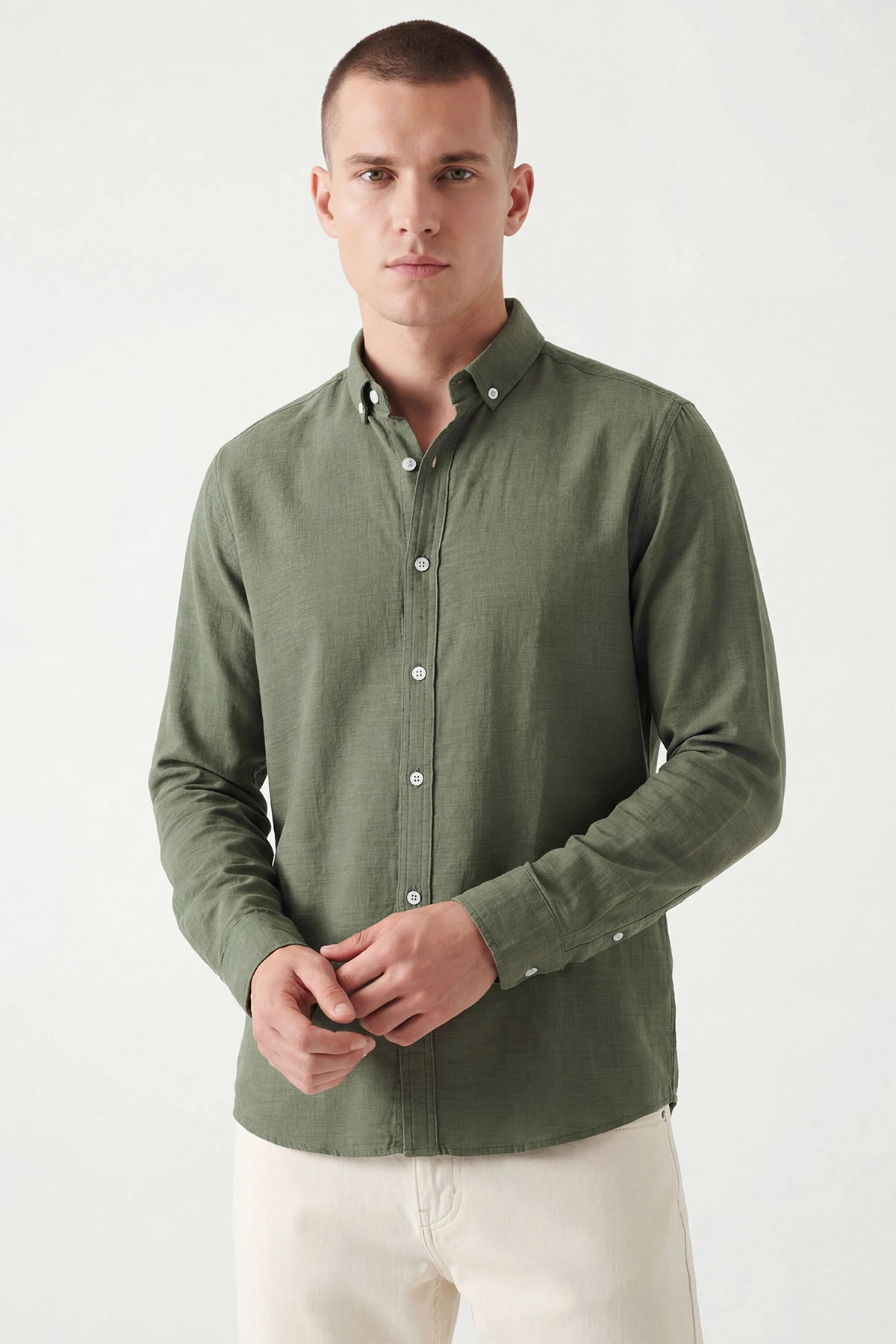 Haki Relaxed Fit Keten Ata Yaka Erkek Gömlek 435840